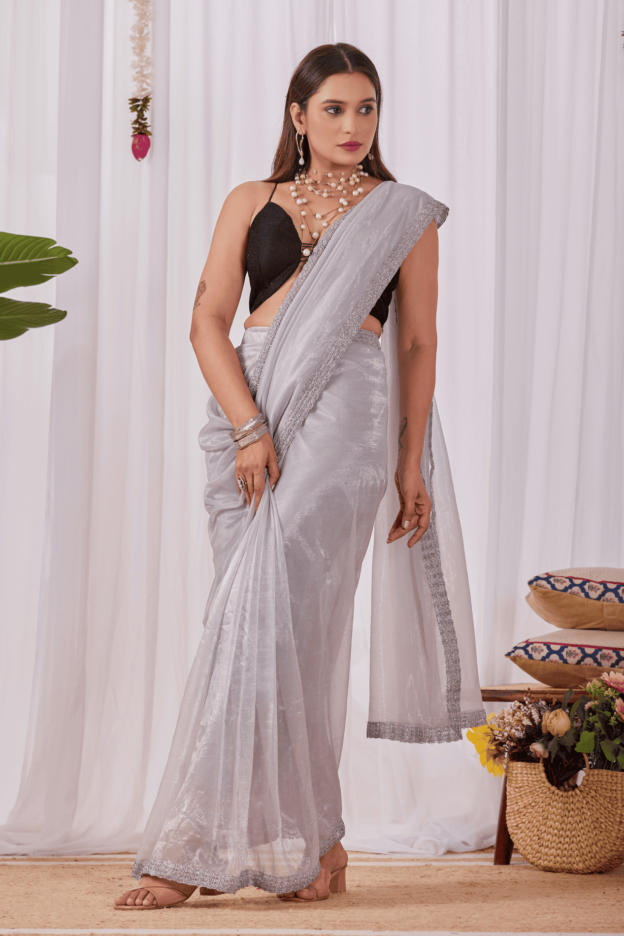 Silver-Gold Shimmer Ready-to-Wear Saree with Sequin Border and Red Strappy Blouse