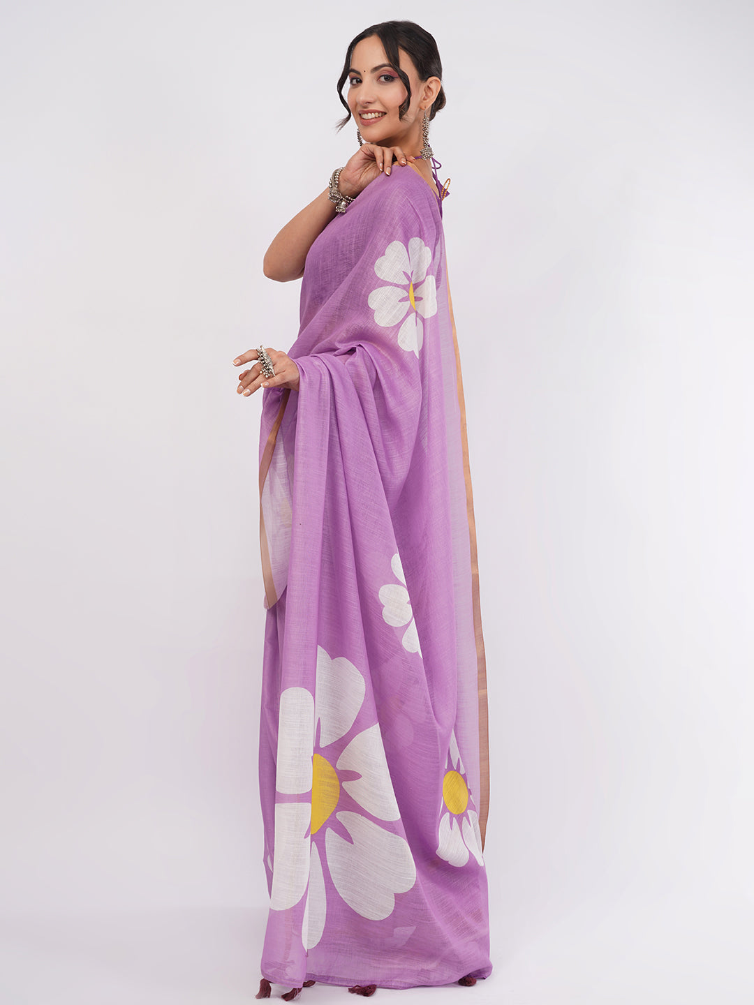 Samantha Women's Lavender Purple Linen Saree with Giant Daisy Floral Prints & Golden Zari Border | Breathable Summer Day Wear