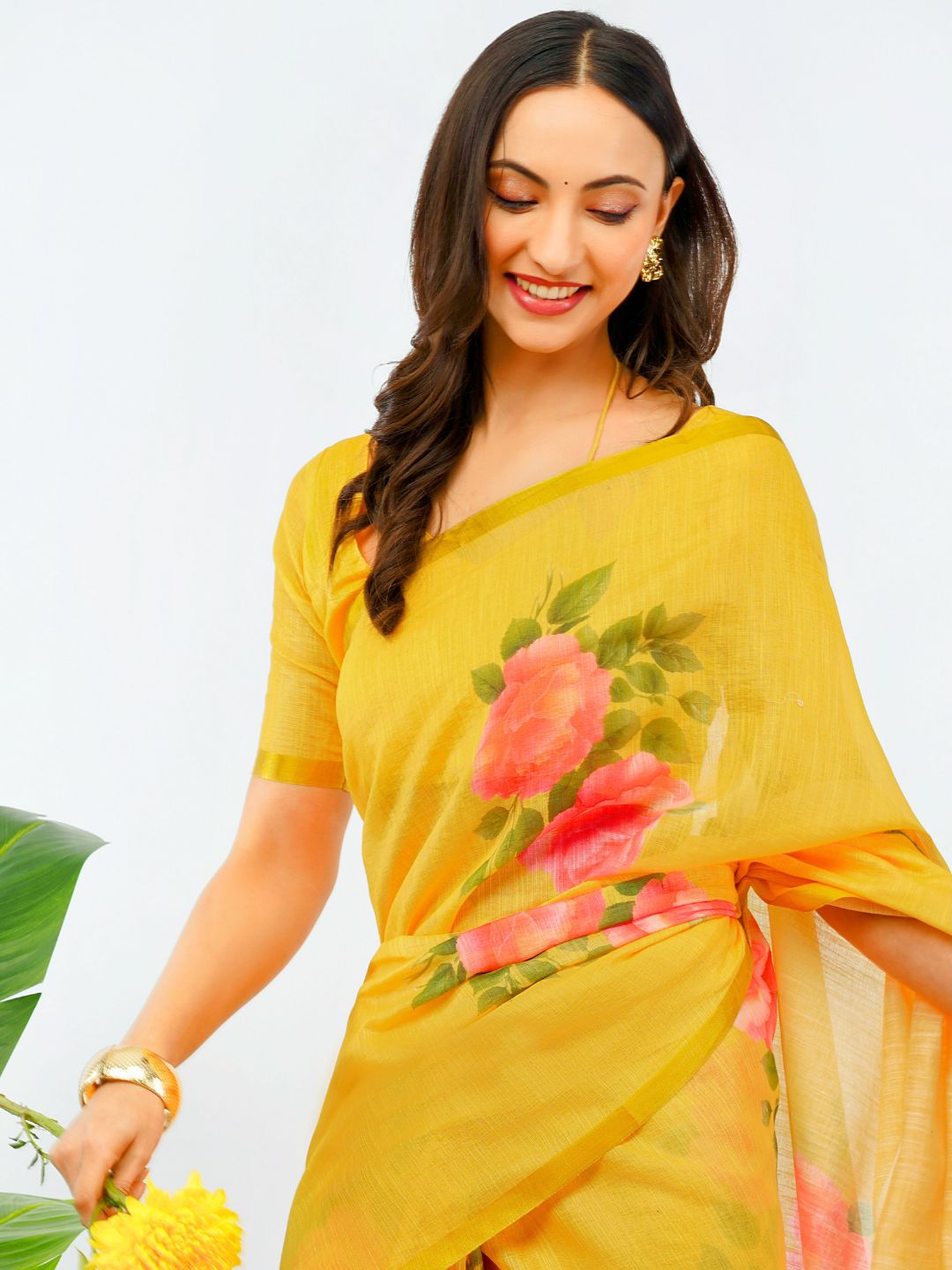 Samantha Women's Dark Yellow Linen Saree with Vibrant Rose Floral Prints & Golden Zari Border | Breathable Summer Festive Wear