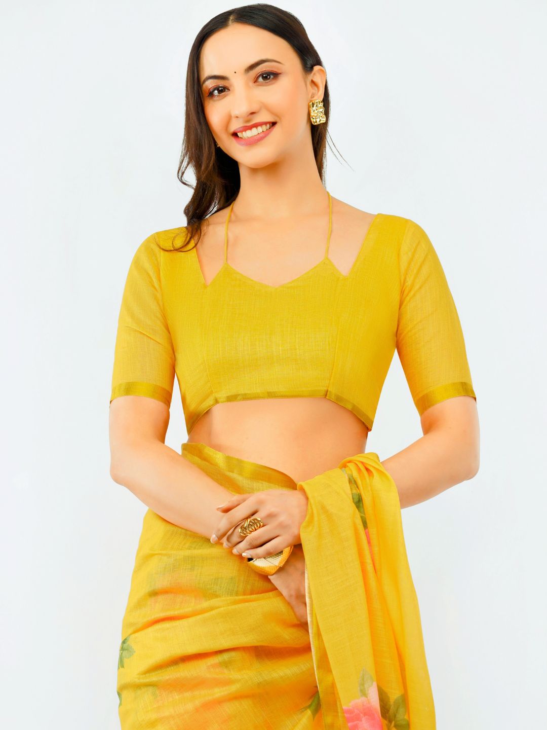 Samantha Women's Dark Yellow Linen Saree with Vibrant Rose Floral Prints & Golden Zari Border | Breathable Summer Festive Wear