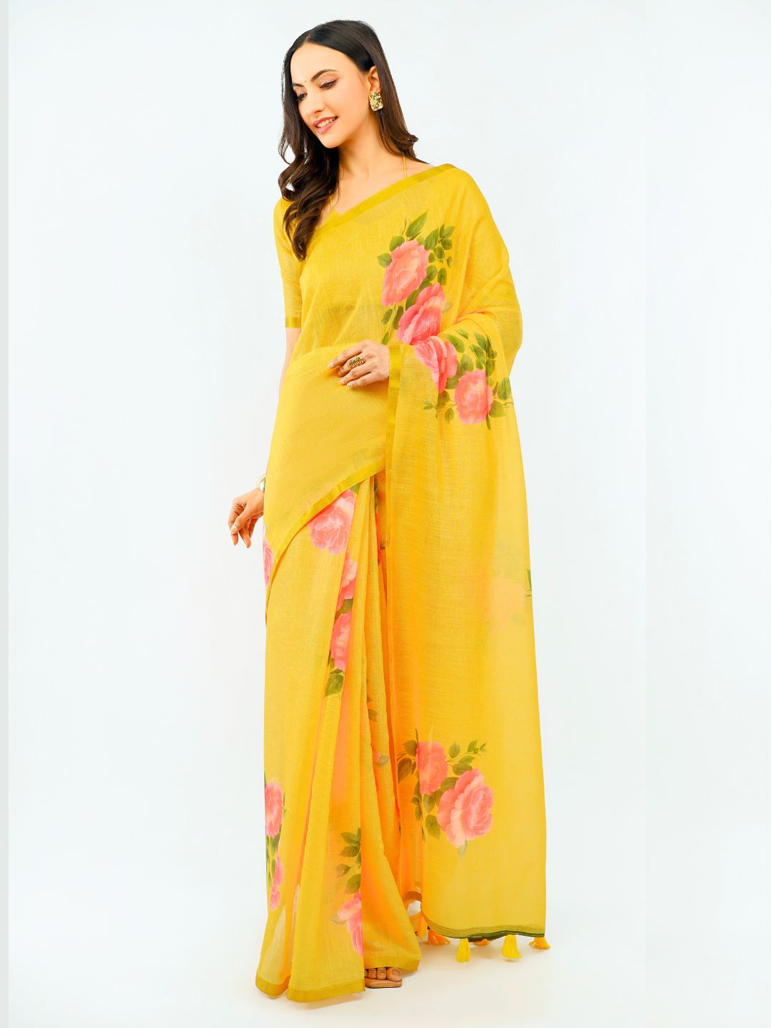 Samantha Women's Dark Yellow Linen Saree with Vibrant Rose Floral Prints & Golden Zari Border | Breathable Summer Festive Wear