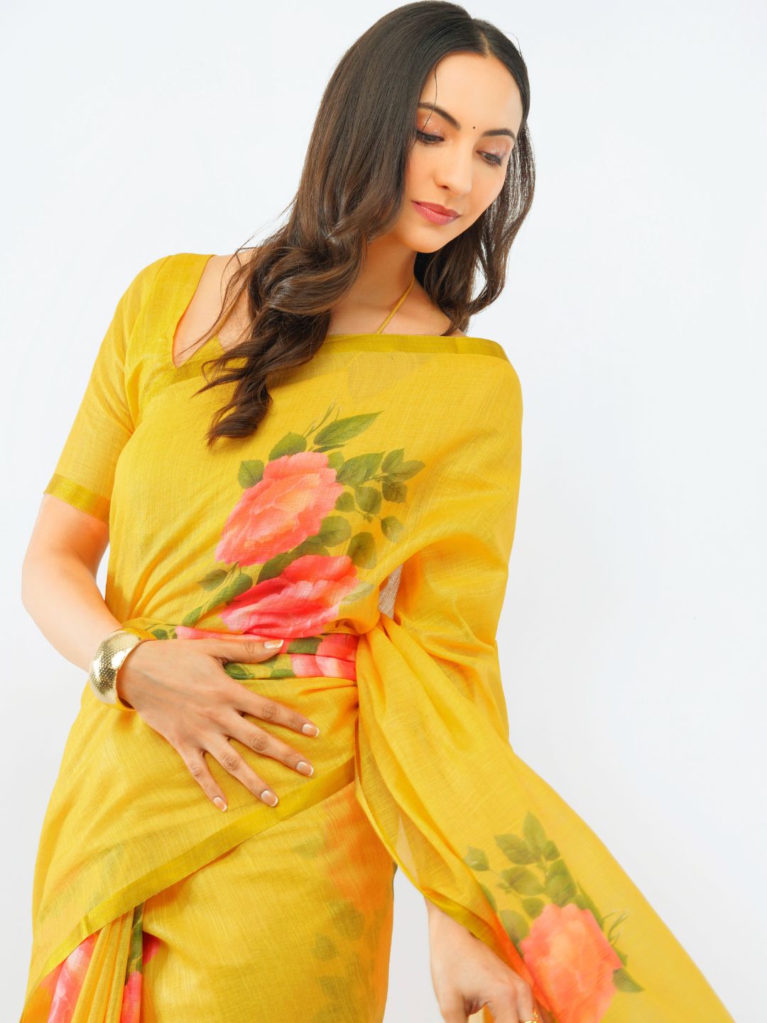 Samantha Women's Dark Yellow Linen Saree with Vibrant Rose Floral Prints & Golden Zari Border | Breathable Summer Festive Wear