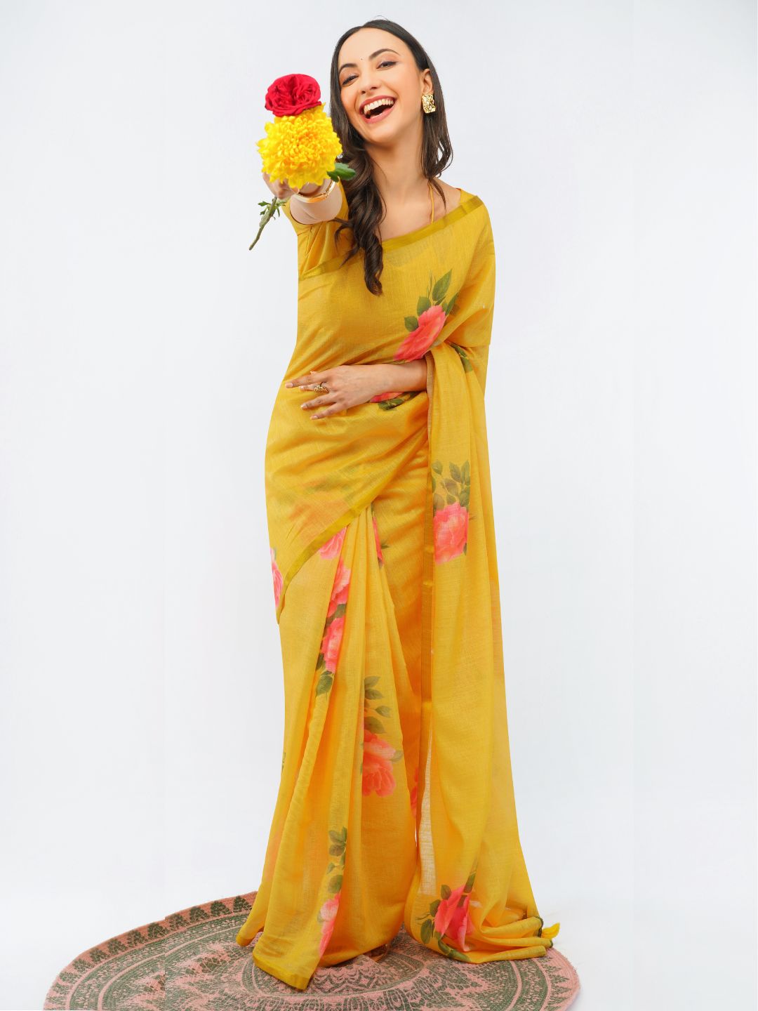 Samantha Women's Dark Yellow Linen Saree with Vibrant Rose Floral Prints & Golden Zari Border | Breathable Summer Festive Wear