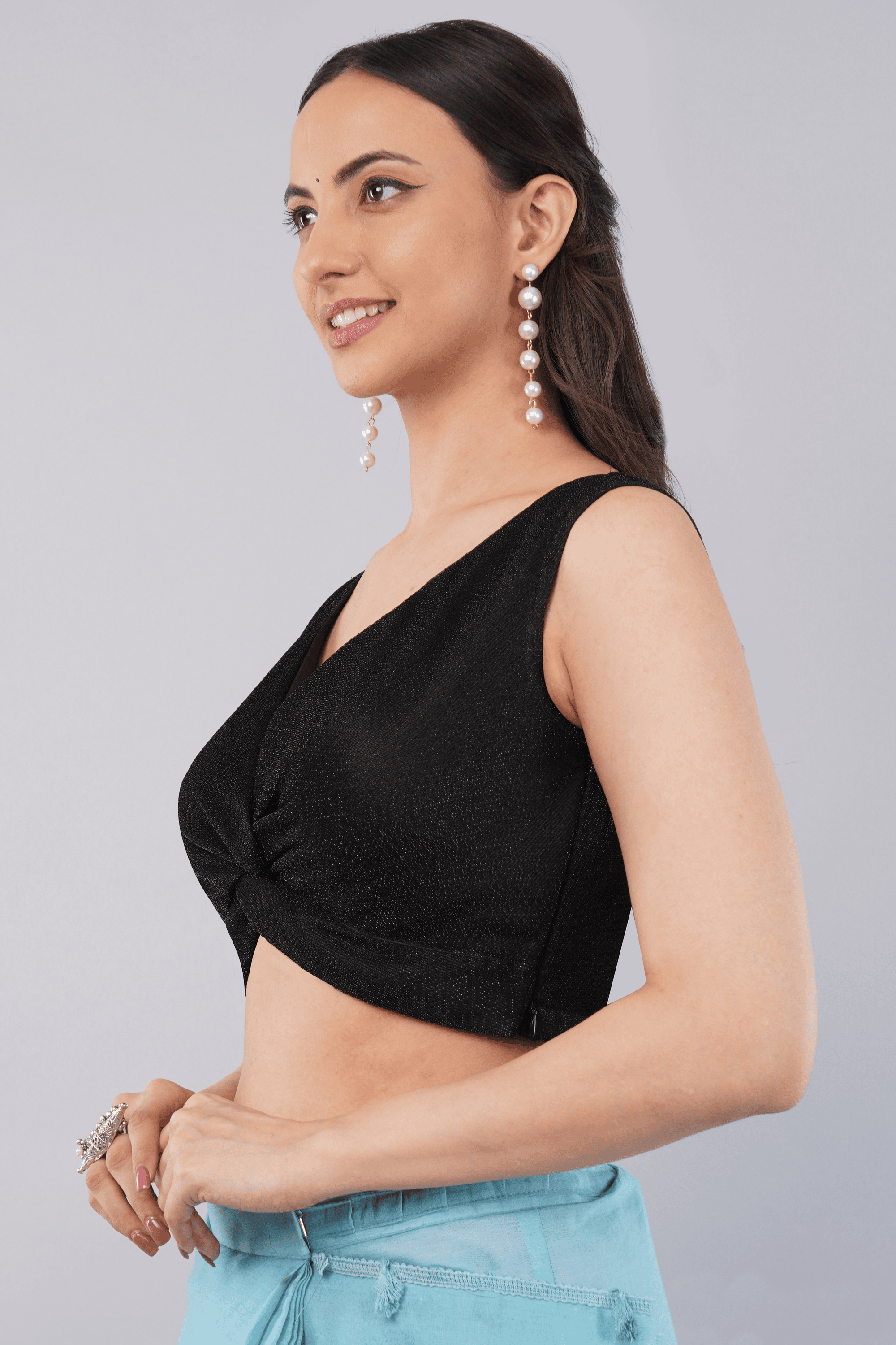 Black Shimmer Lycra V-Neck Readymade Blouse