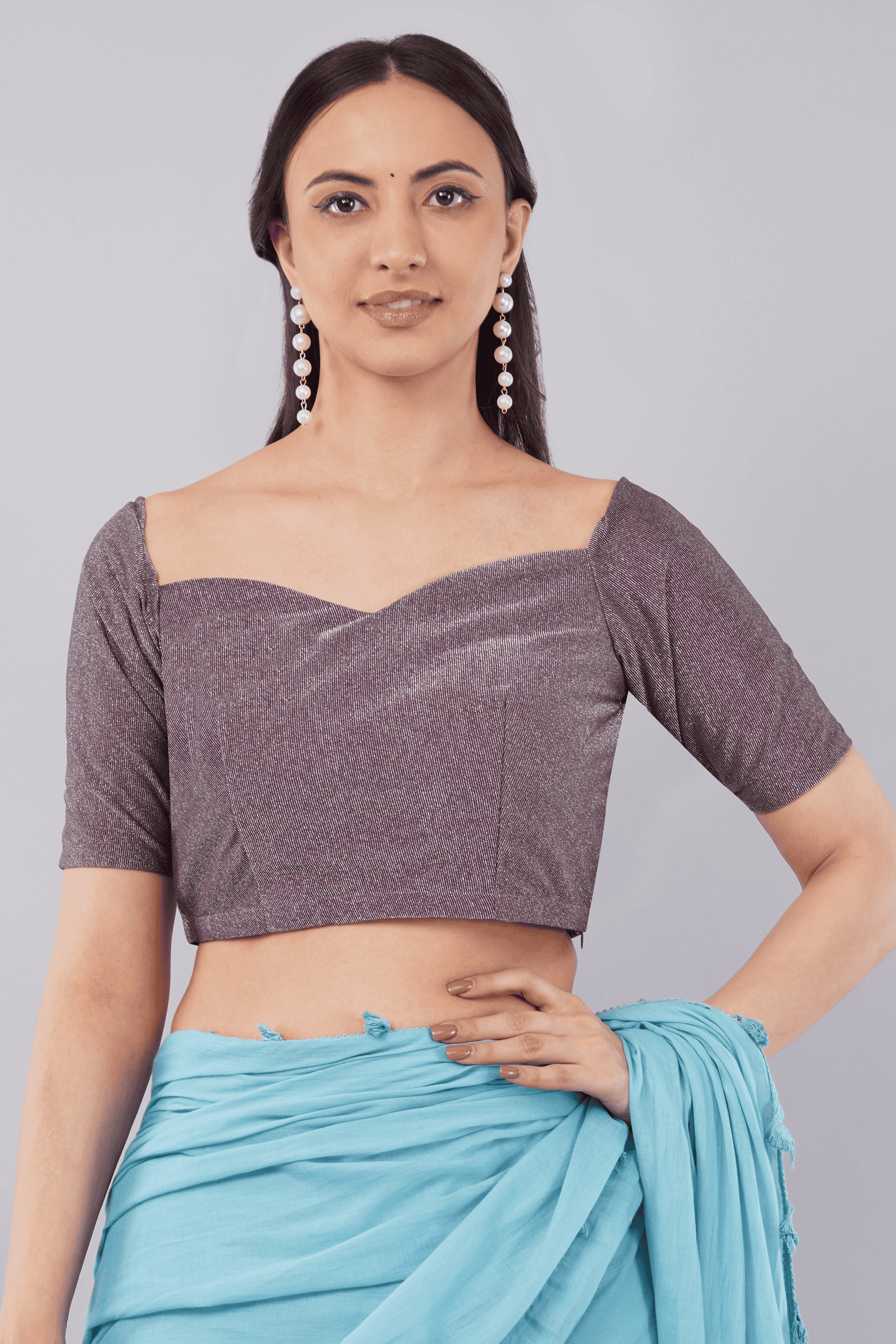 Purple shimmer half sleeve readymade saree blouse with sweetheart neckline and brooch detail