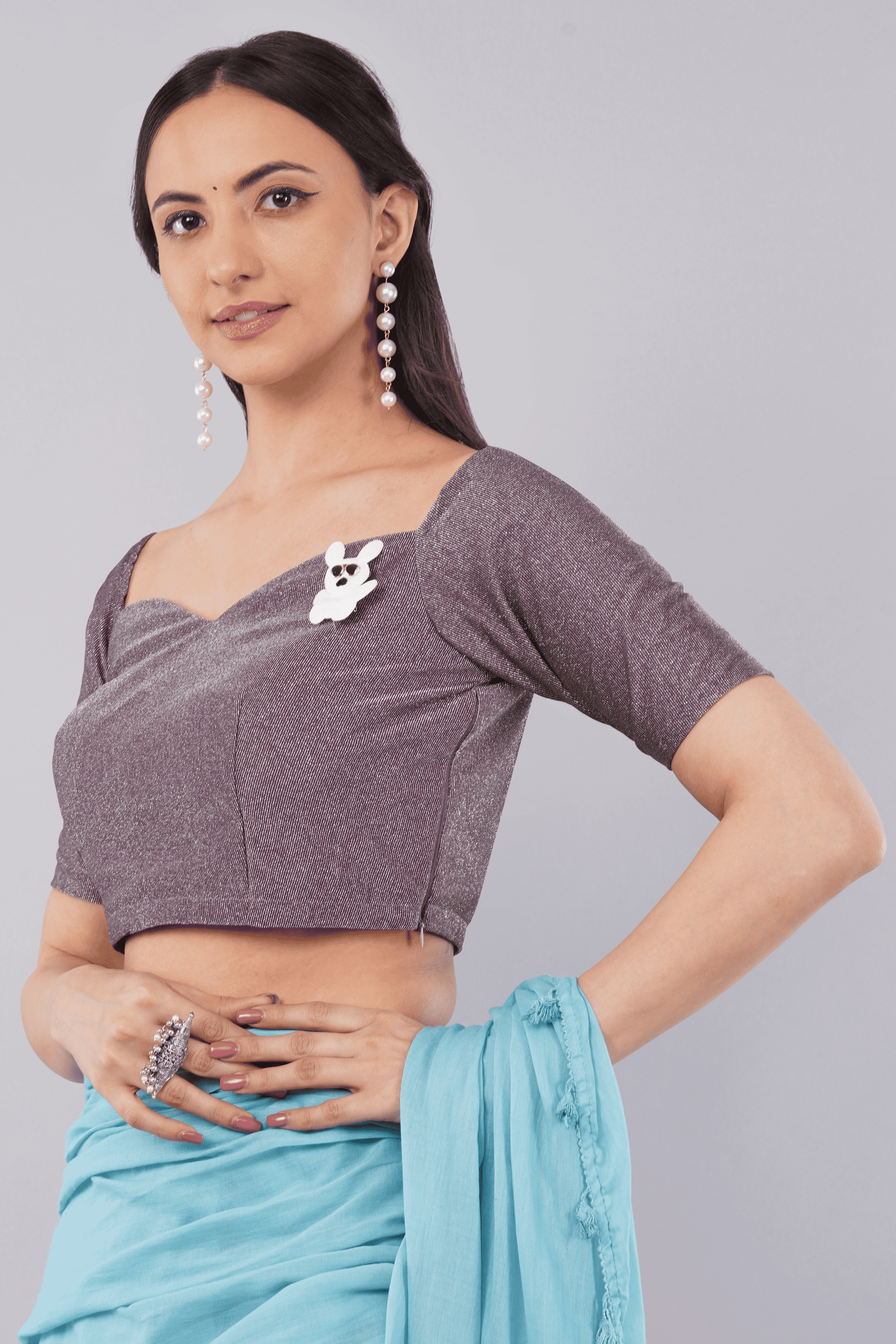 Purple Shimmer Half Sleeve Brooch Readymade Saree Blouse