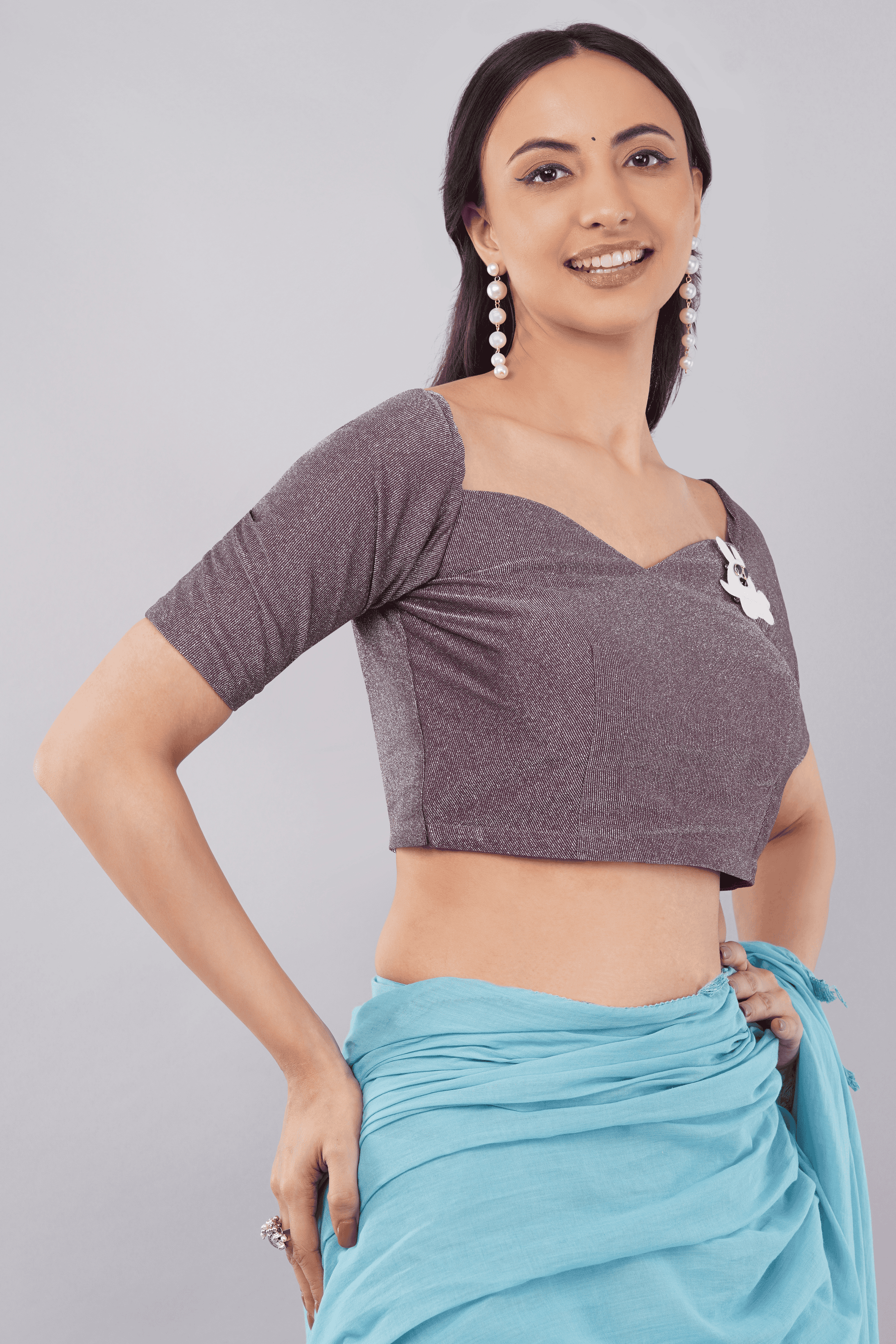 Purple Shimmer Half Sleeve Brooch Readymade Saree Blouse