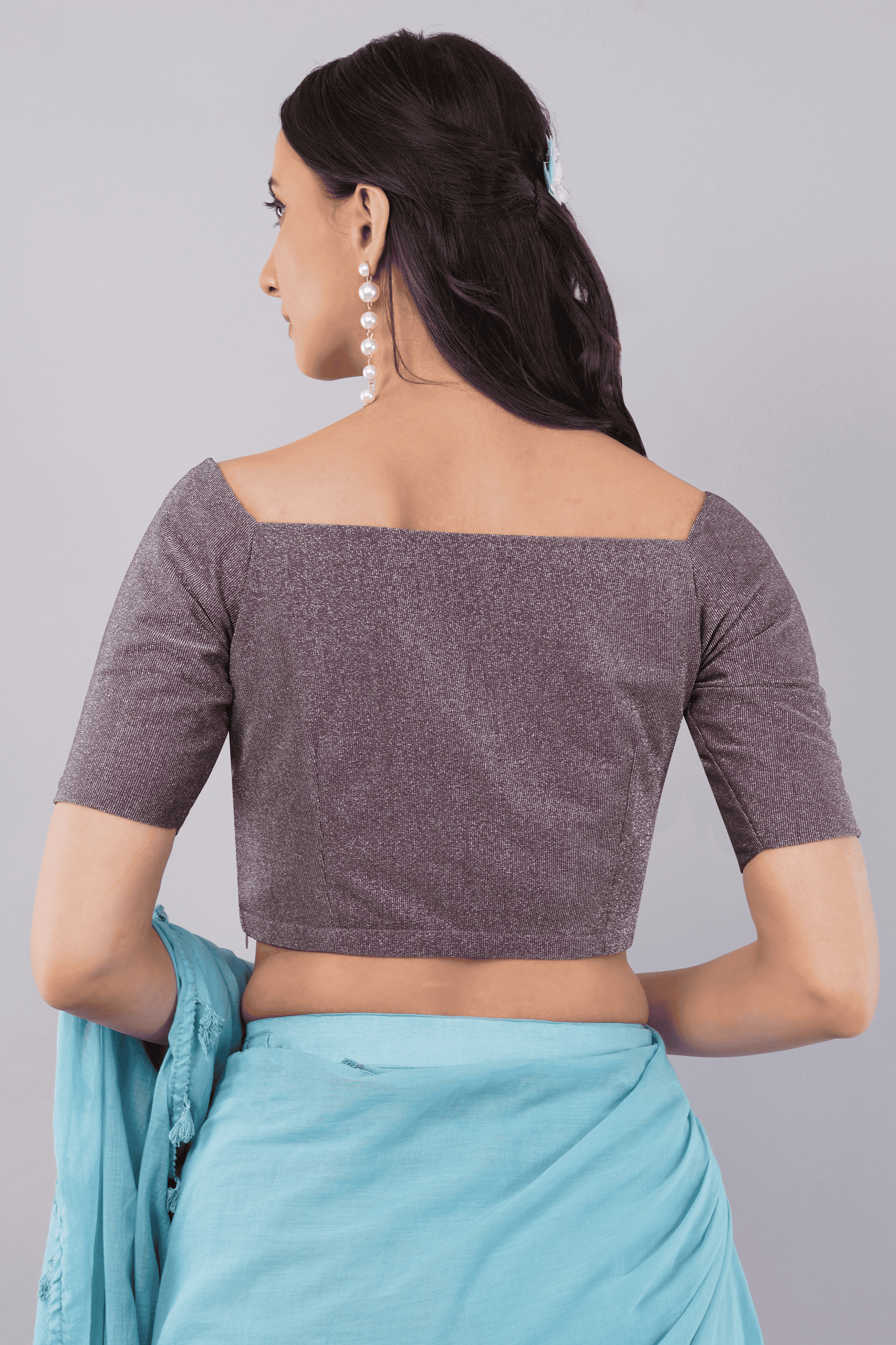 Purple Shimmer Half Sleeve Brooch Readymade Saree Blouse