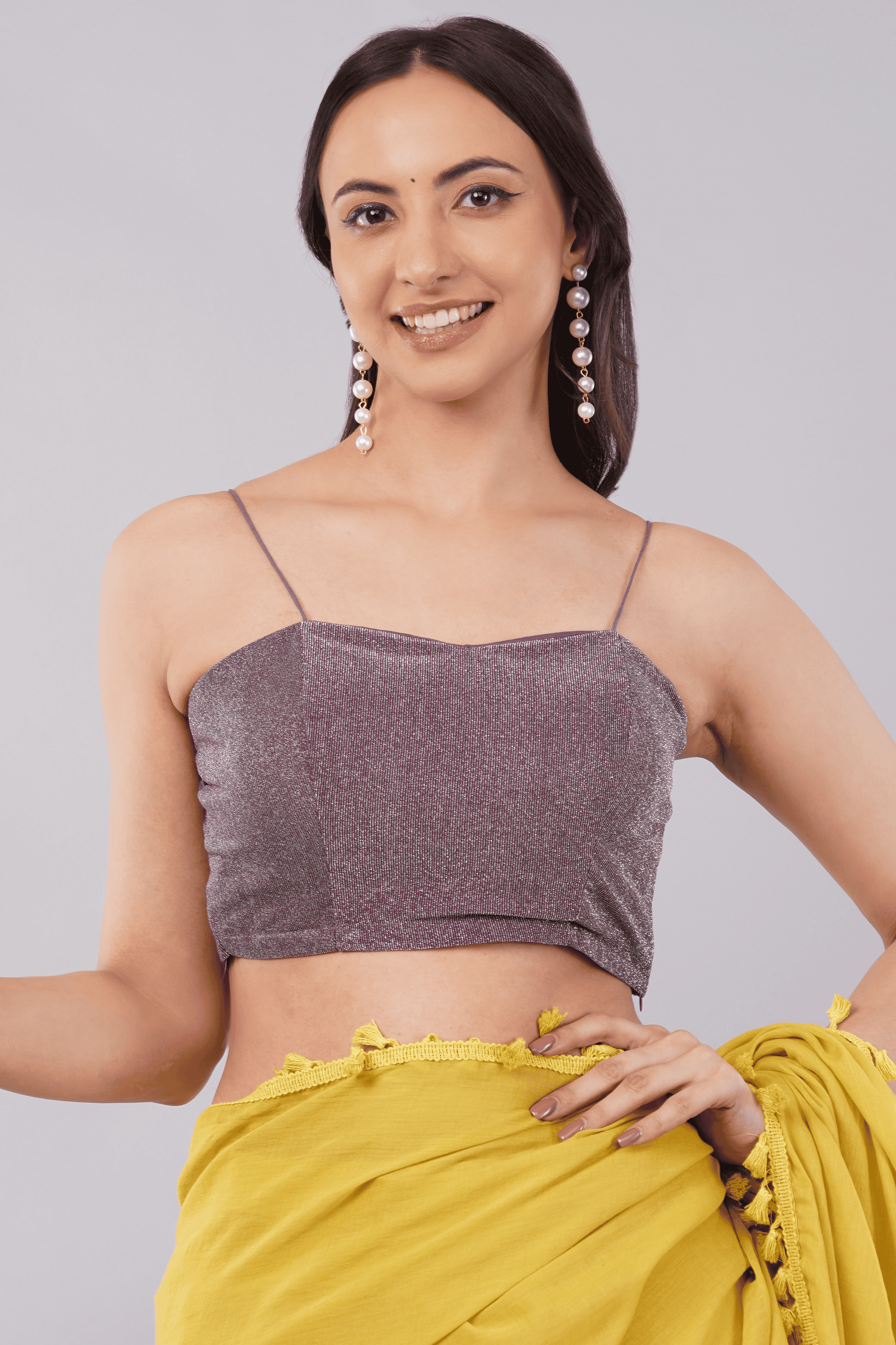 Purple shimmer spaghetti strap readymade saree blouse for women