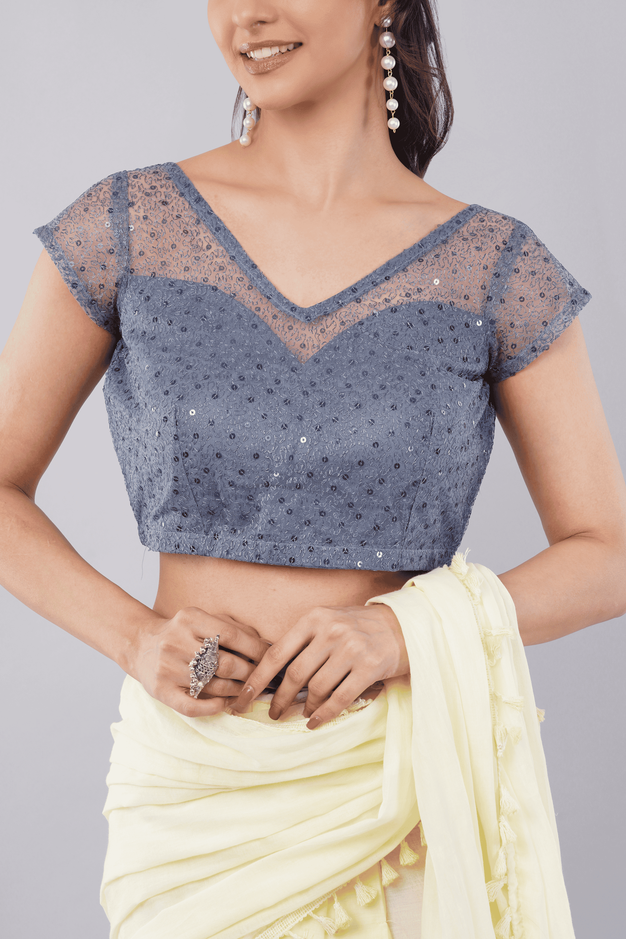 Grey net sequin V-neck cap sleeve saree blouse for women