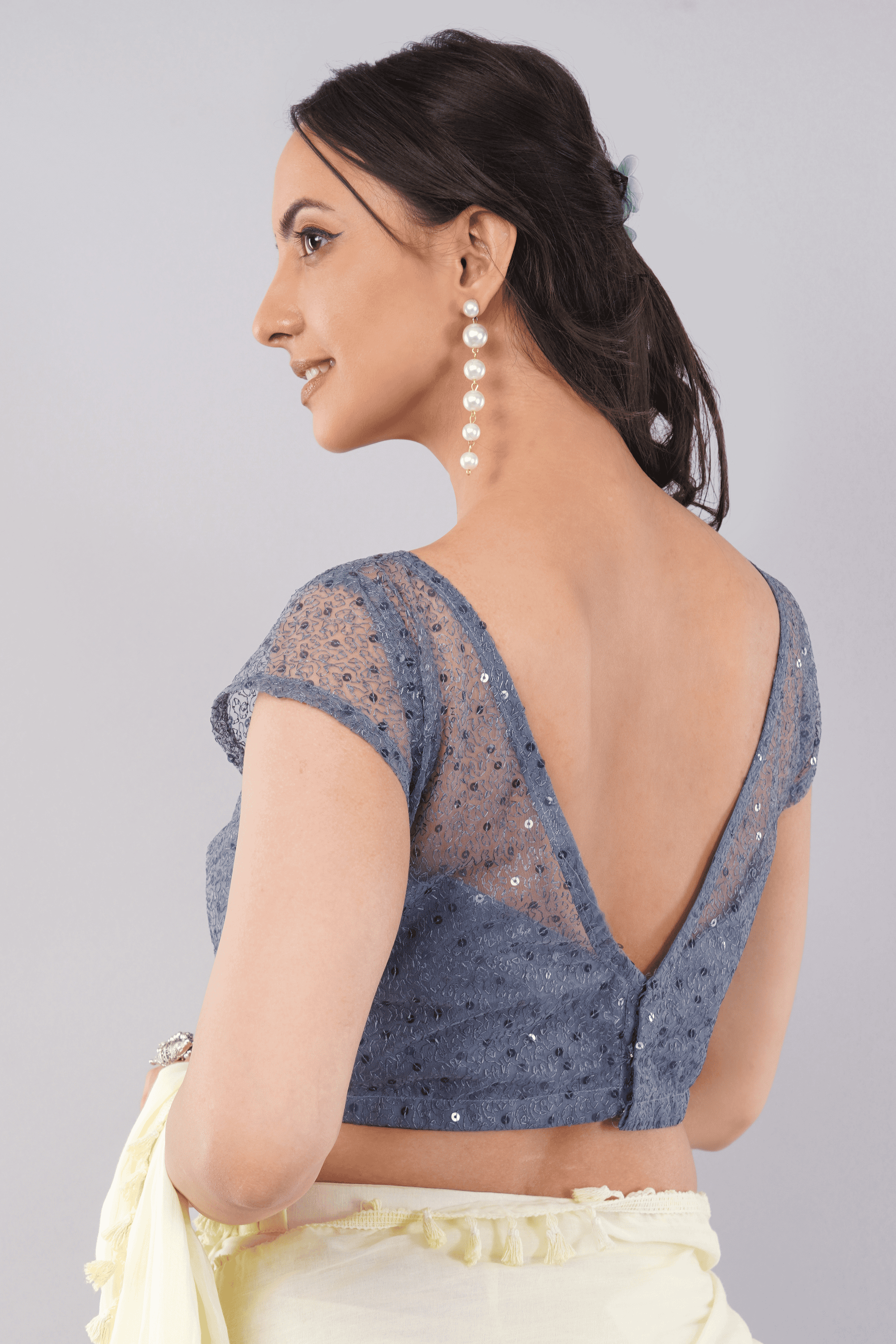 Grey Net Sequin V-Neck Cap Sleeve Saree Blouse