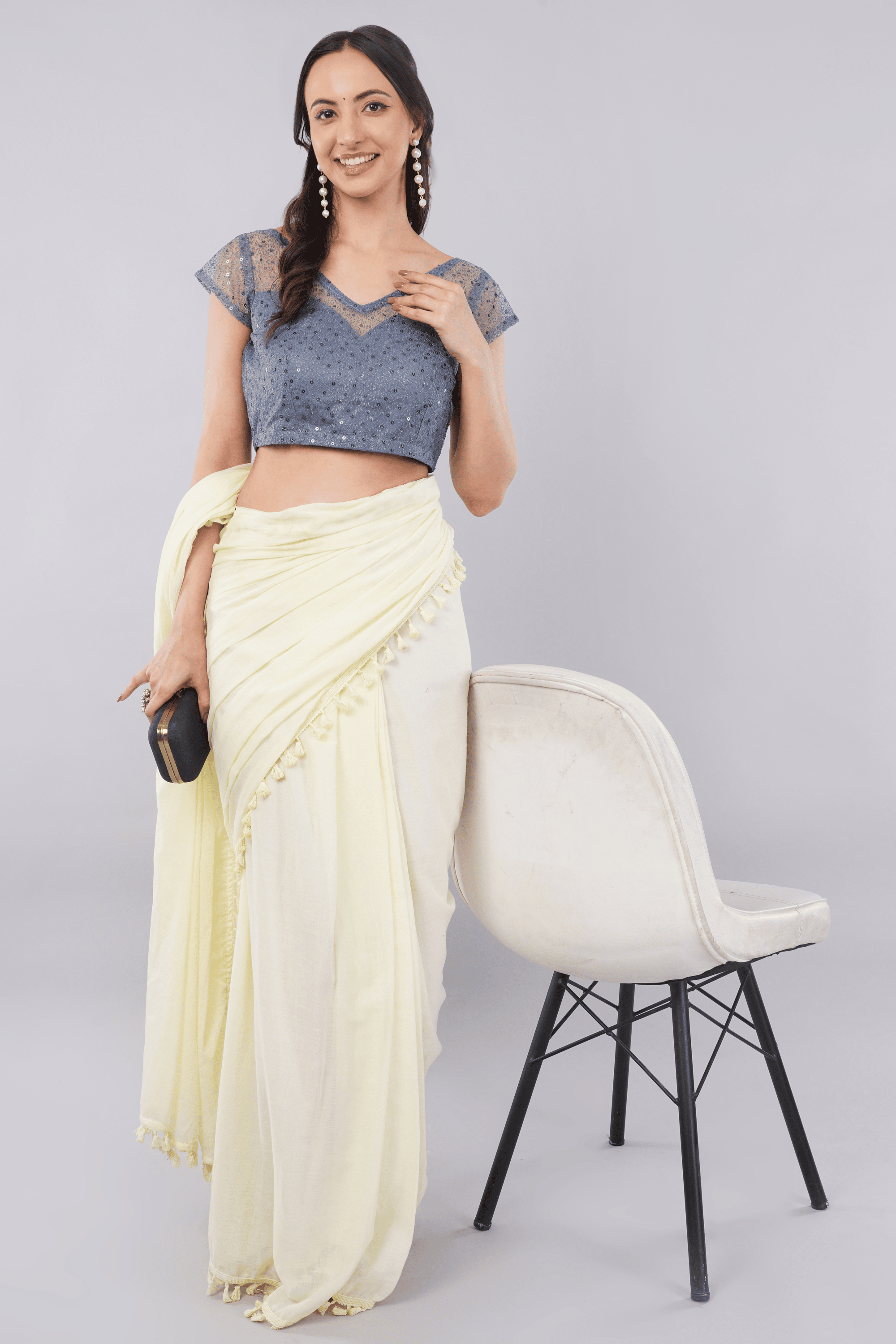 Grey Net Sequin V-Neck Cap Sleeve Saree Blouse