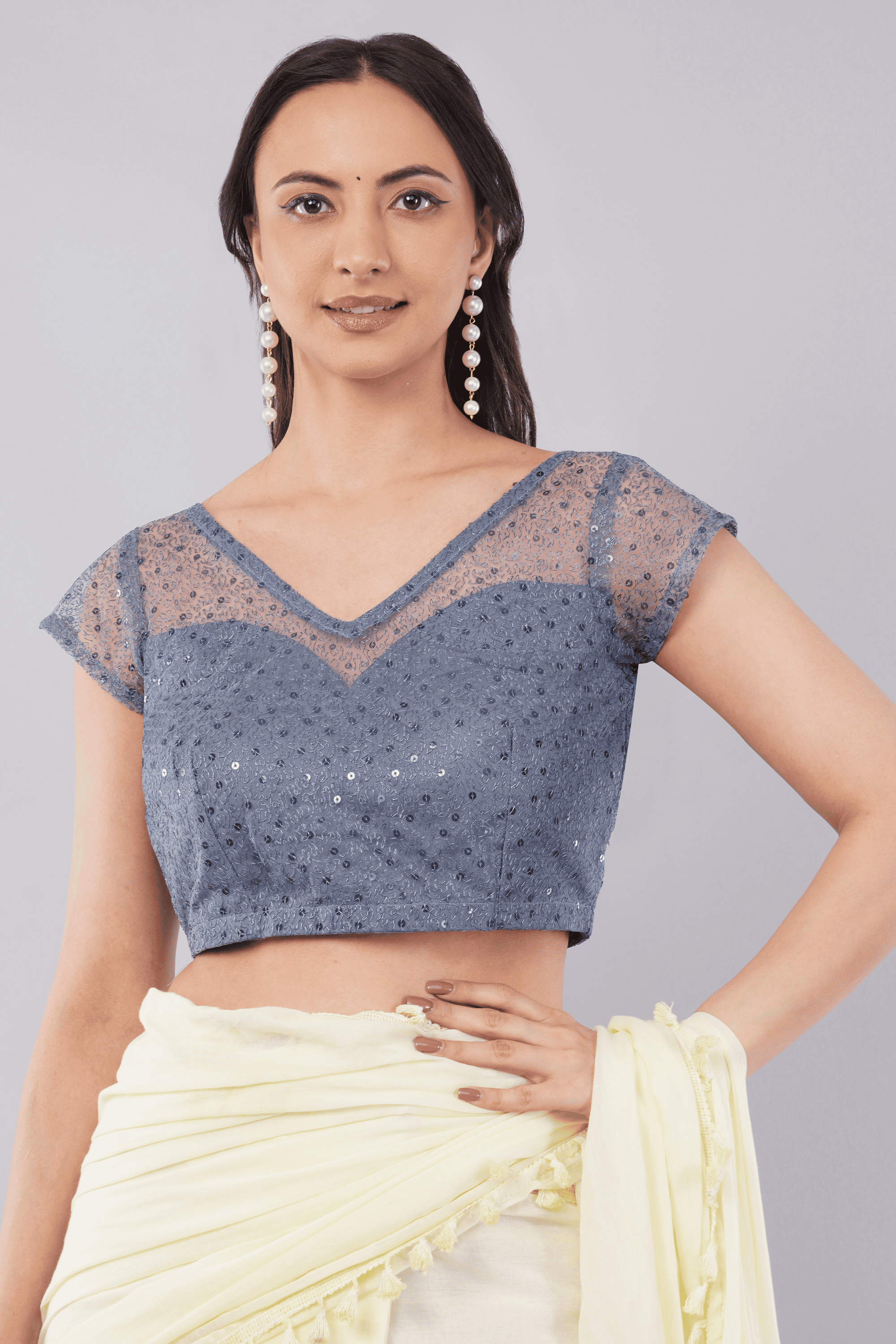 Grey Net Sequin V-Neck Cap Sleeve Saree Blouse
