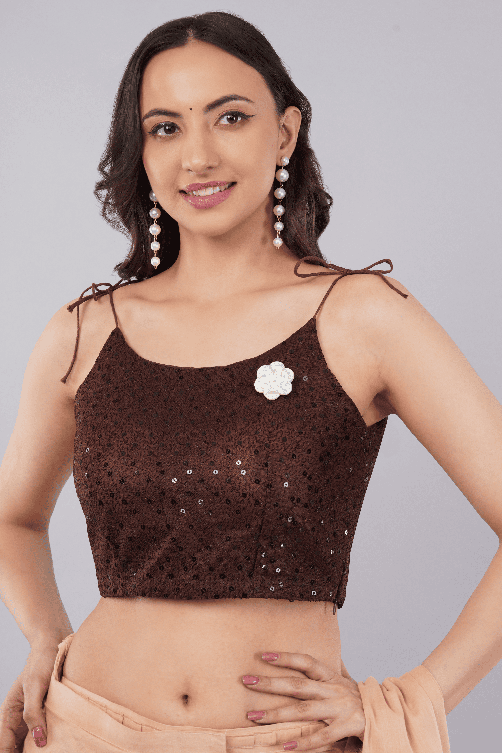Coffee Brown Sequin Net Tie-Up Sleeveless Readymade Blouse