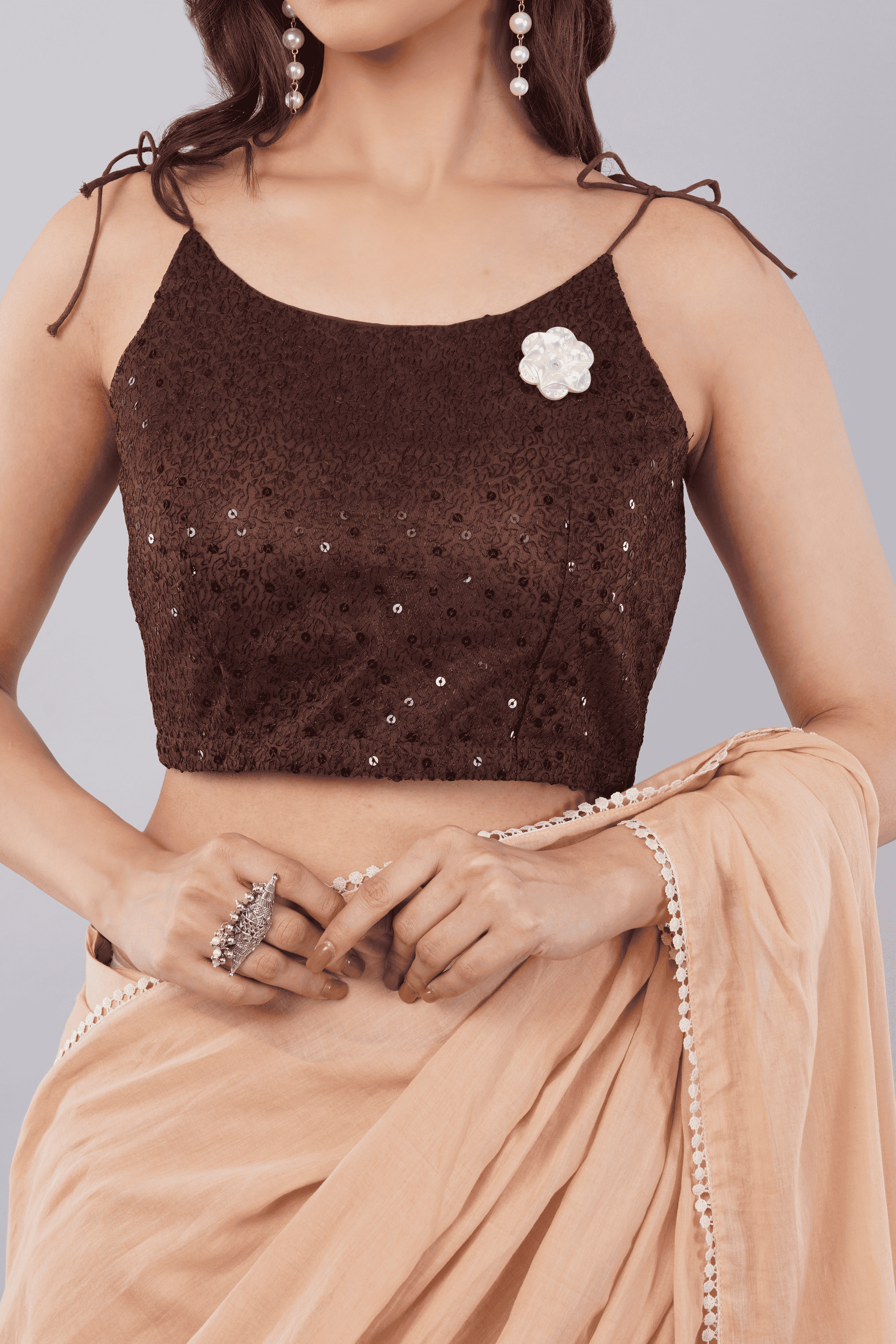 Coffee Brown Sequin Net Tie-Up Sleeveless Readymade Blouse