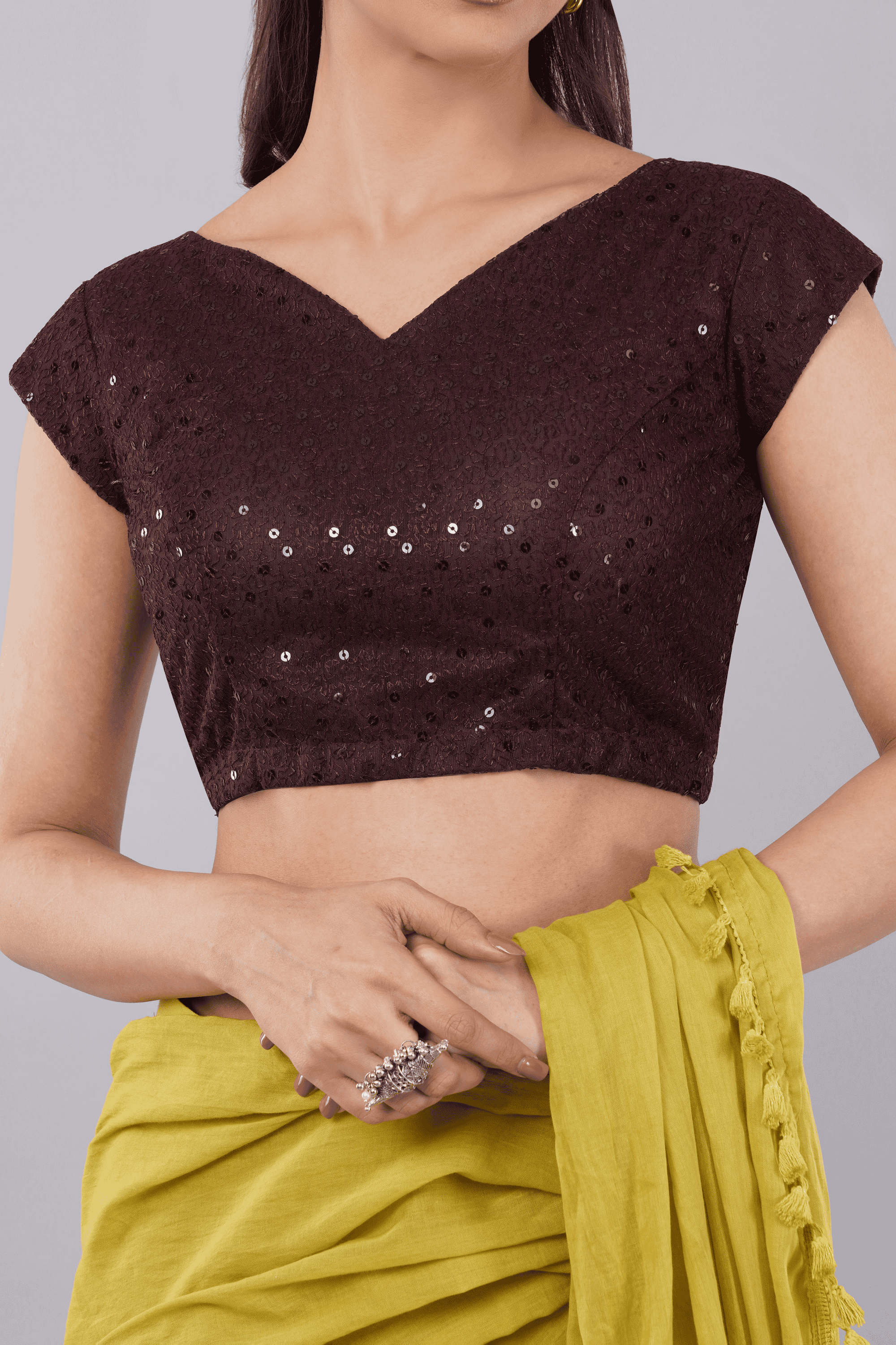 Claret wine sequinned net cap sleeve readymade saree blouse front and back view