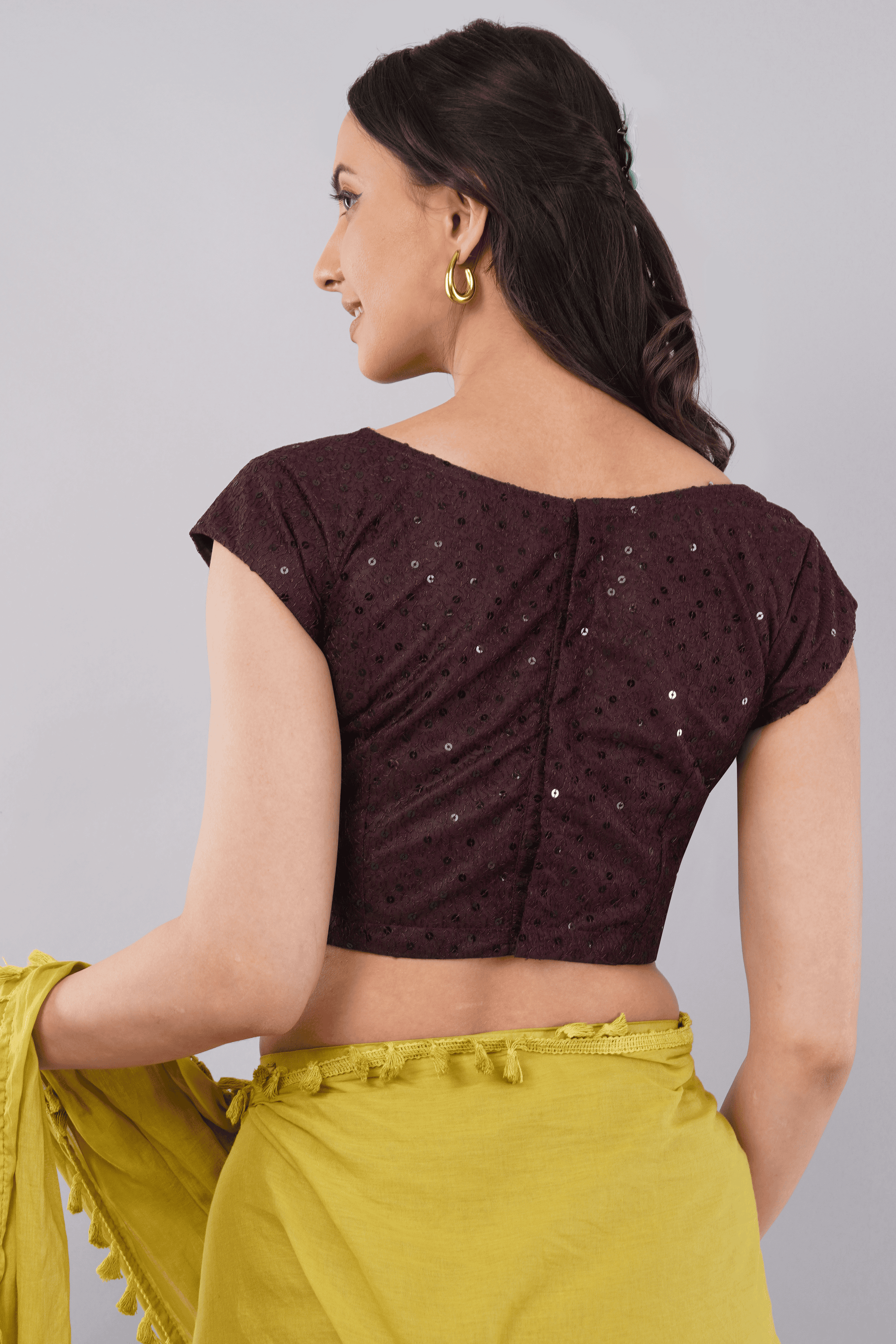 Claret Wine Sequinned Net Cap Sleeve Readymade Saree Blouse