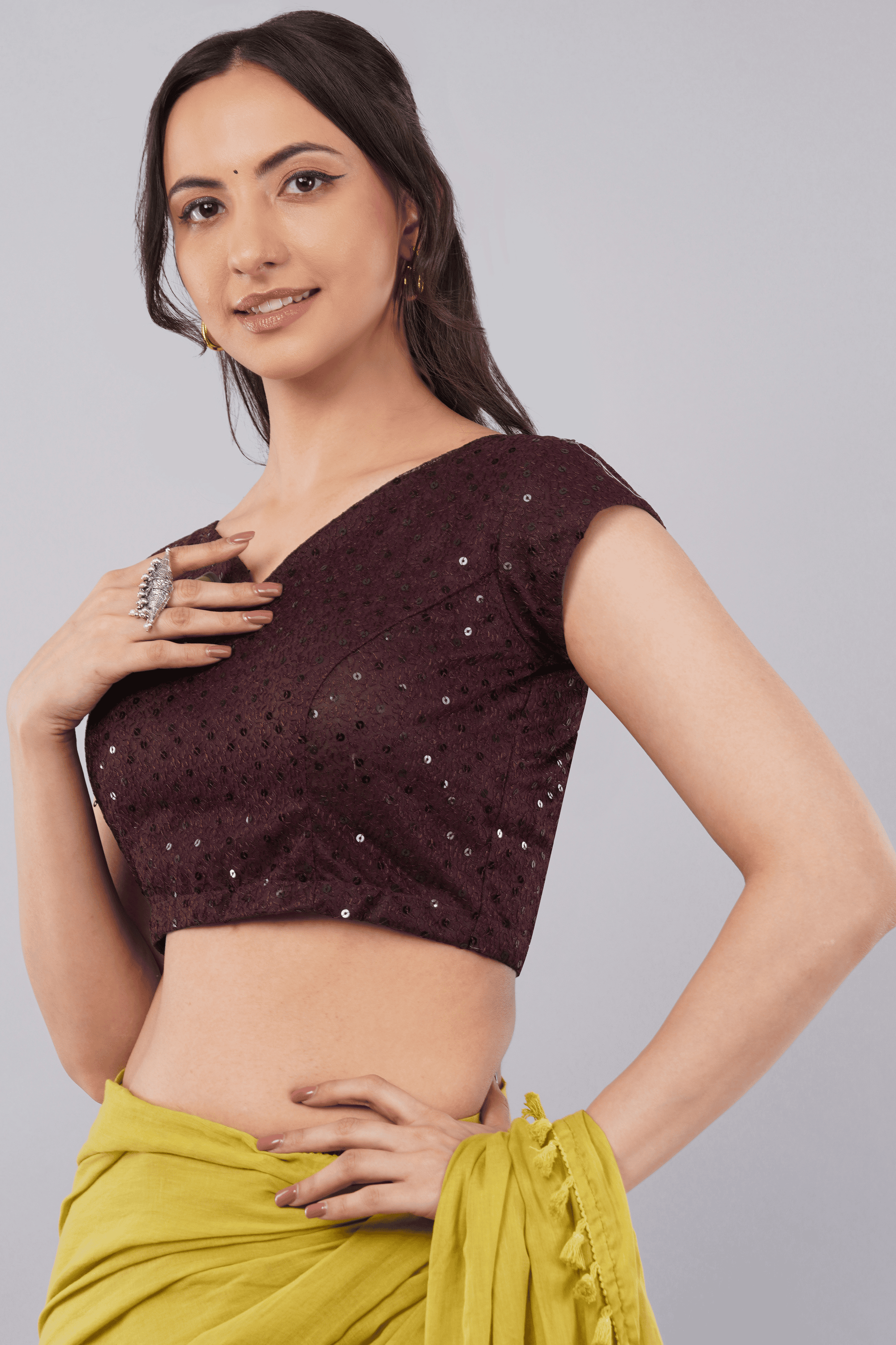 Claret Wine Sequinned Net Cap Sleeve Readymade Saree Blouse