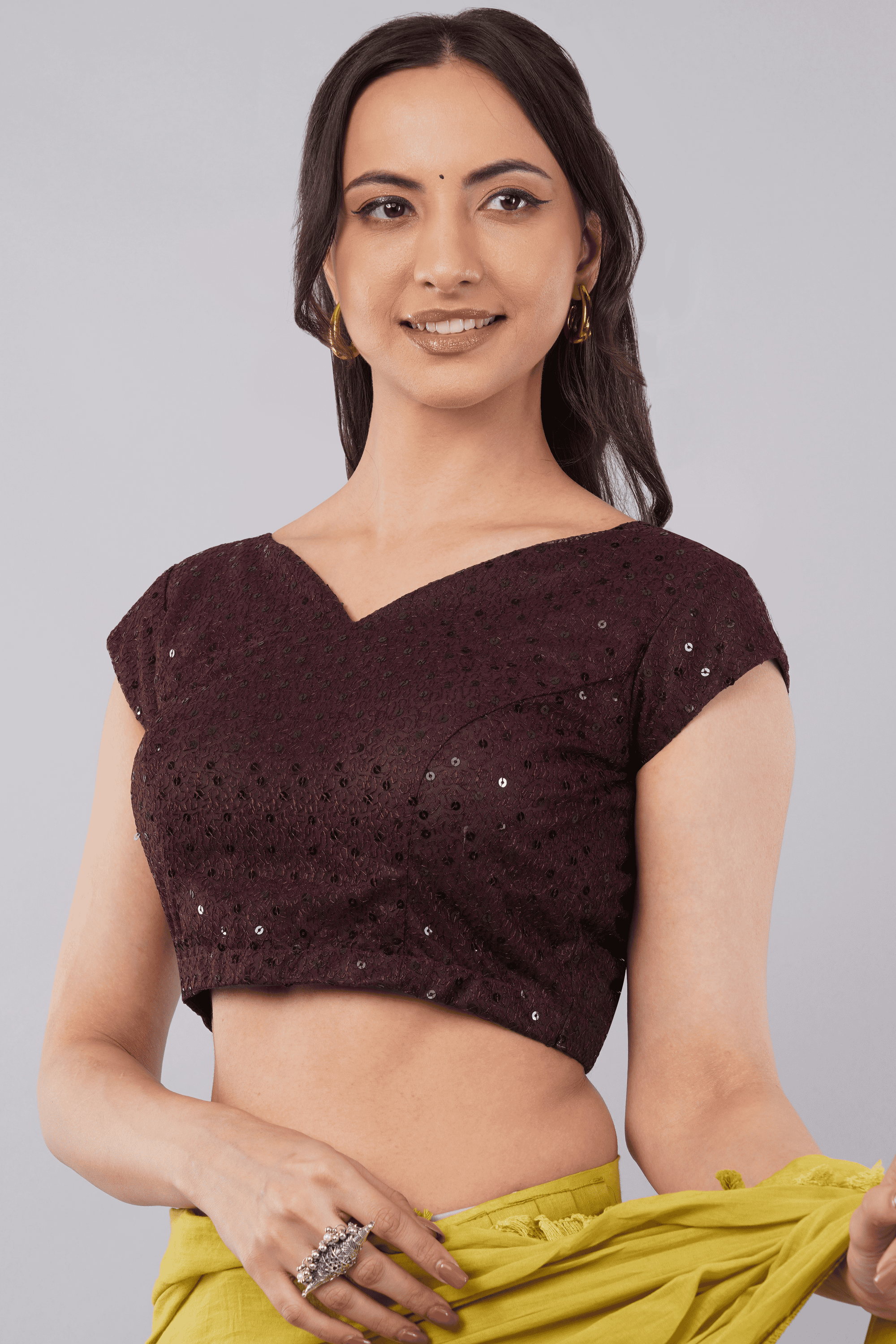 Claret Wine Sequinned Net Cap Sleeve Readymade Saree Blouse