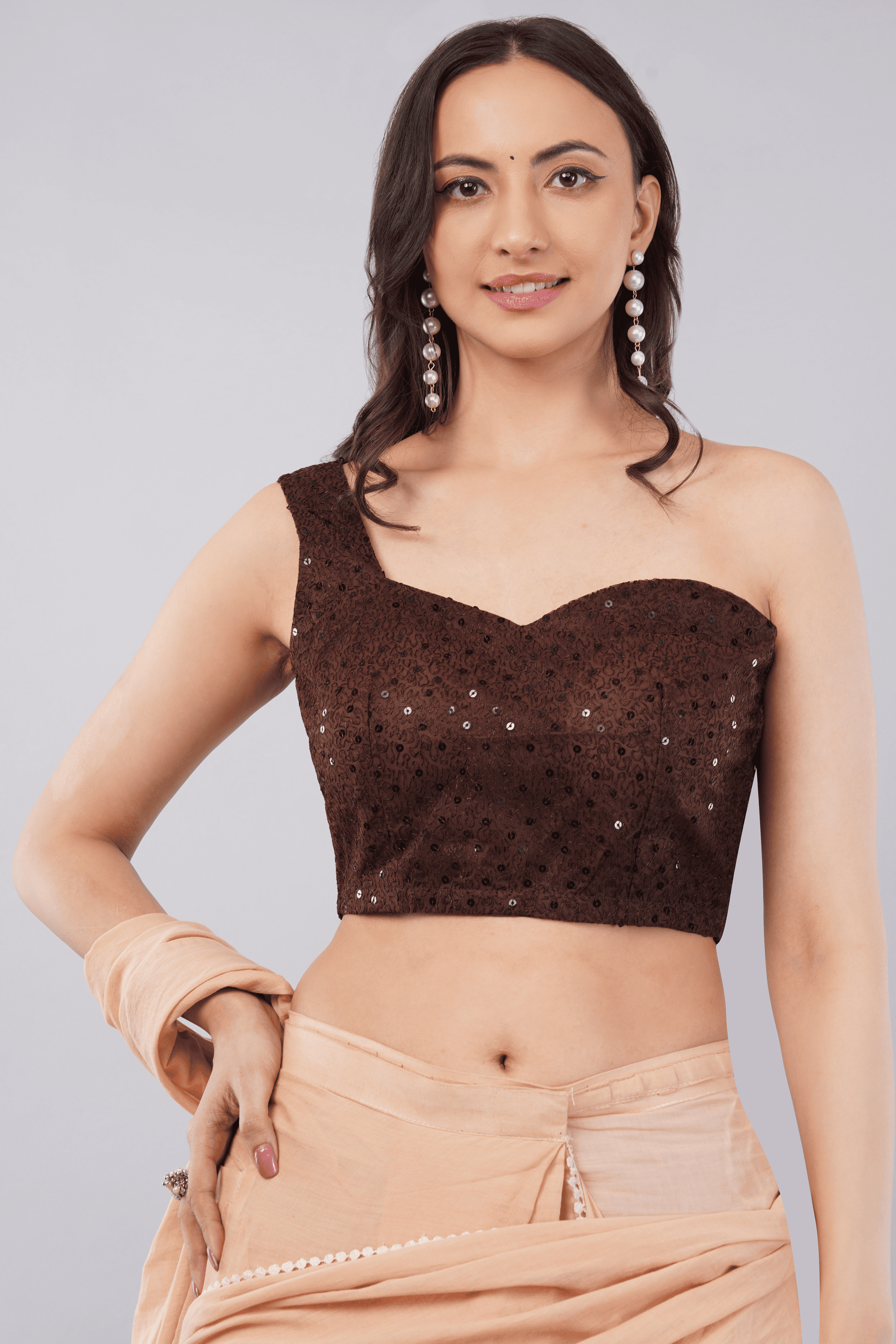 Claret wine sequin net asymmetric sleeveless readymade saree blouse for women