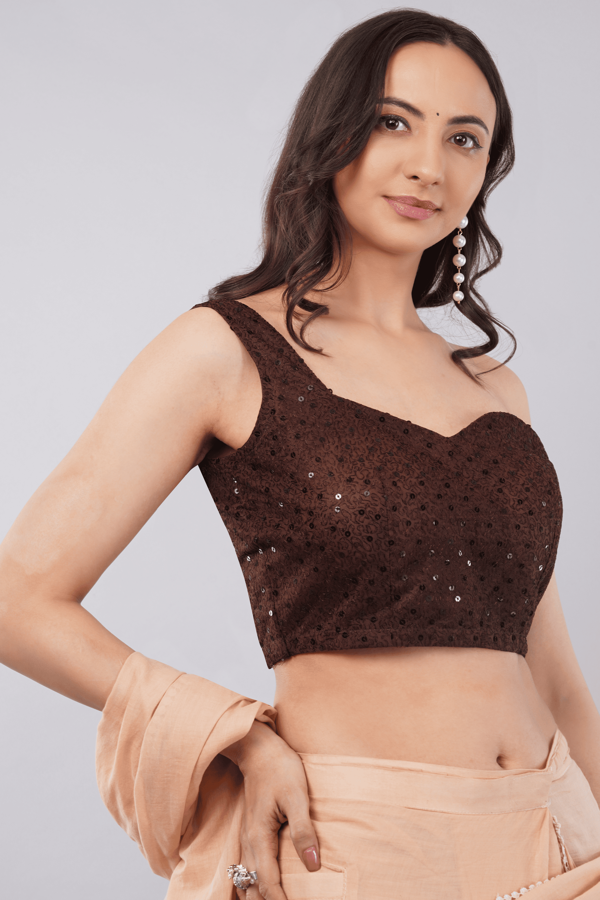 Claret Wine Sequin Net Asymmetric Readymade Saree Blouse