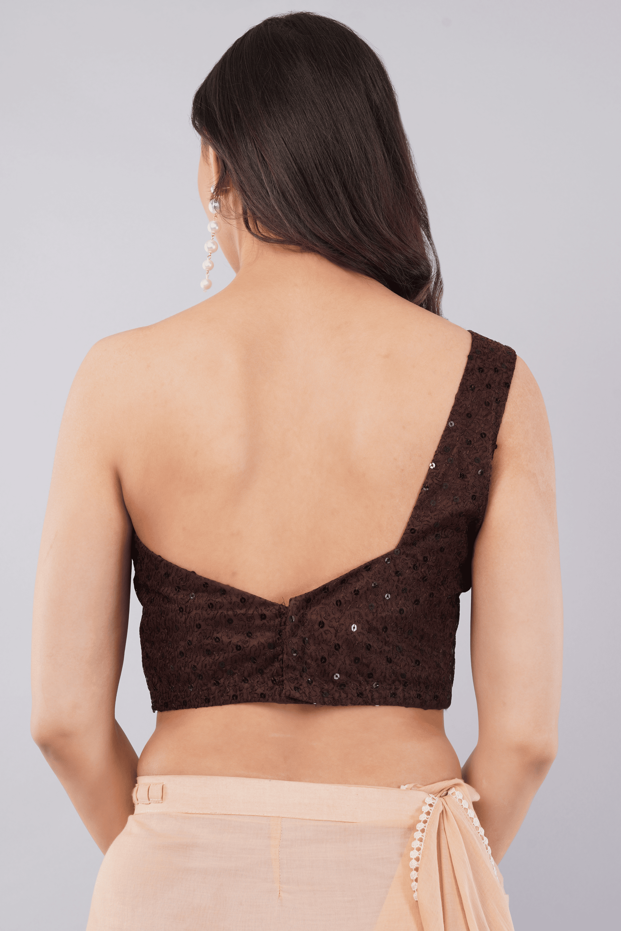 Claret Wine Sequin Net Asymmetric Readymade Saree Blouse