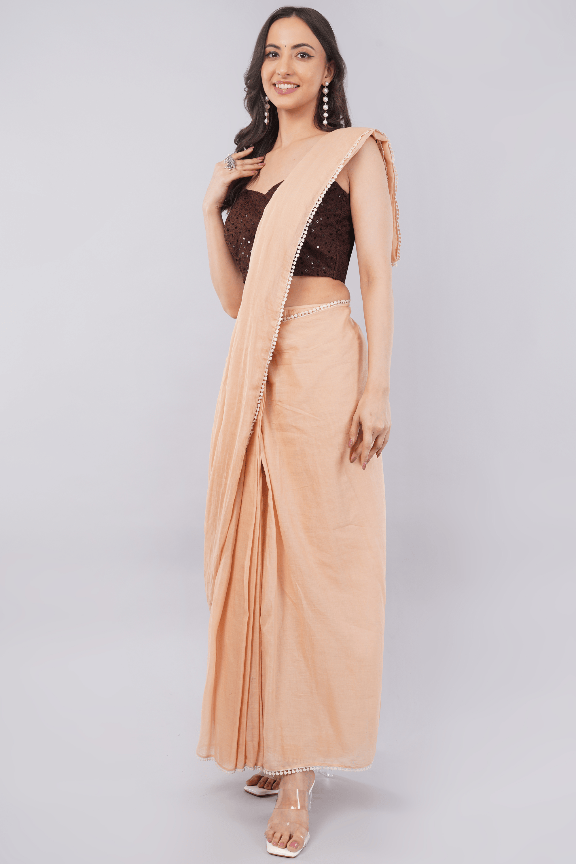 Claret Wine Sequin Net Asymmetric Readymade Saree Blouse