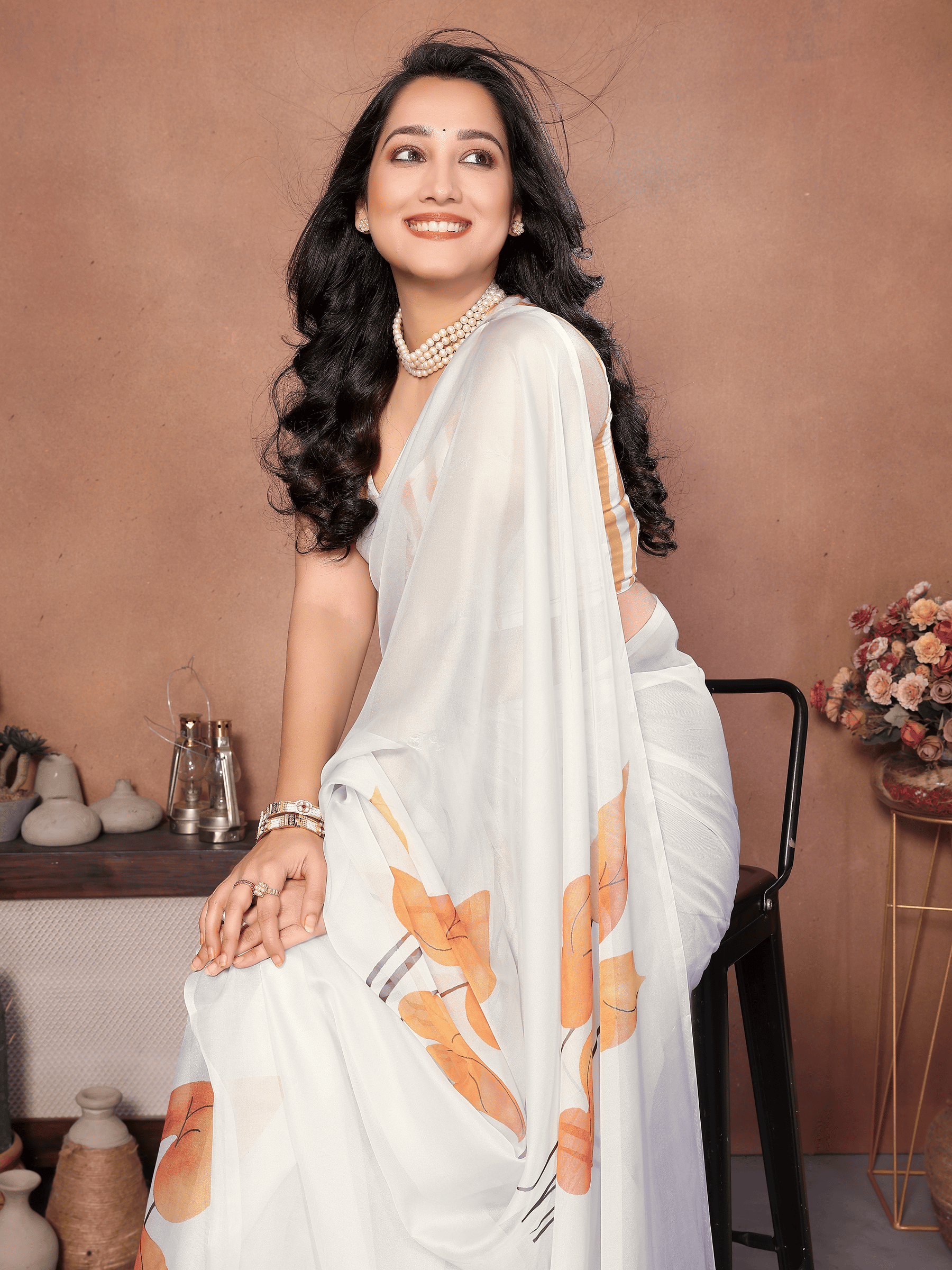 Off-White Botanical Leaf Print Saree with Mustard Piping and Ruched Sleeveless Blouse