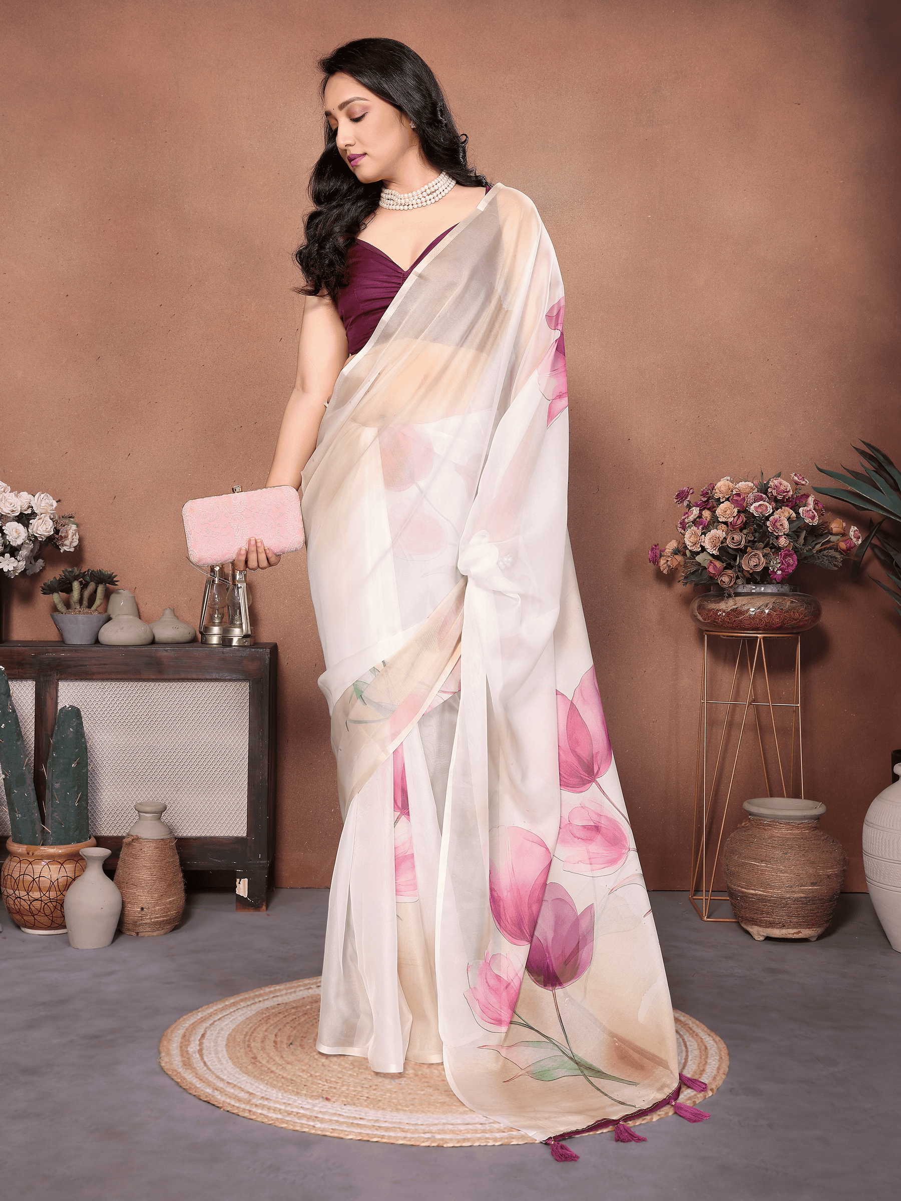 Off-White Tulip Floral Print Saree with Plum Border and Ruched Sleeveless Blouse