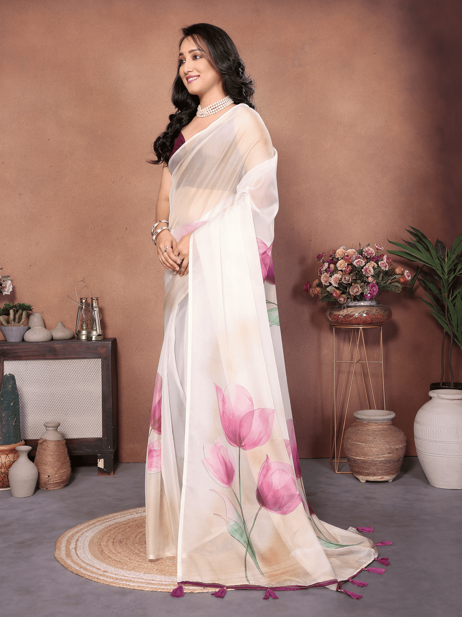 Off-White Tulip Floral Print Saree with Plum Border and Ruched Sleeveless Blouse