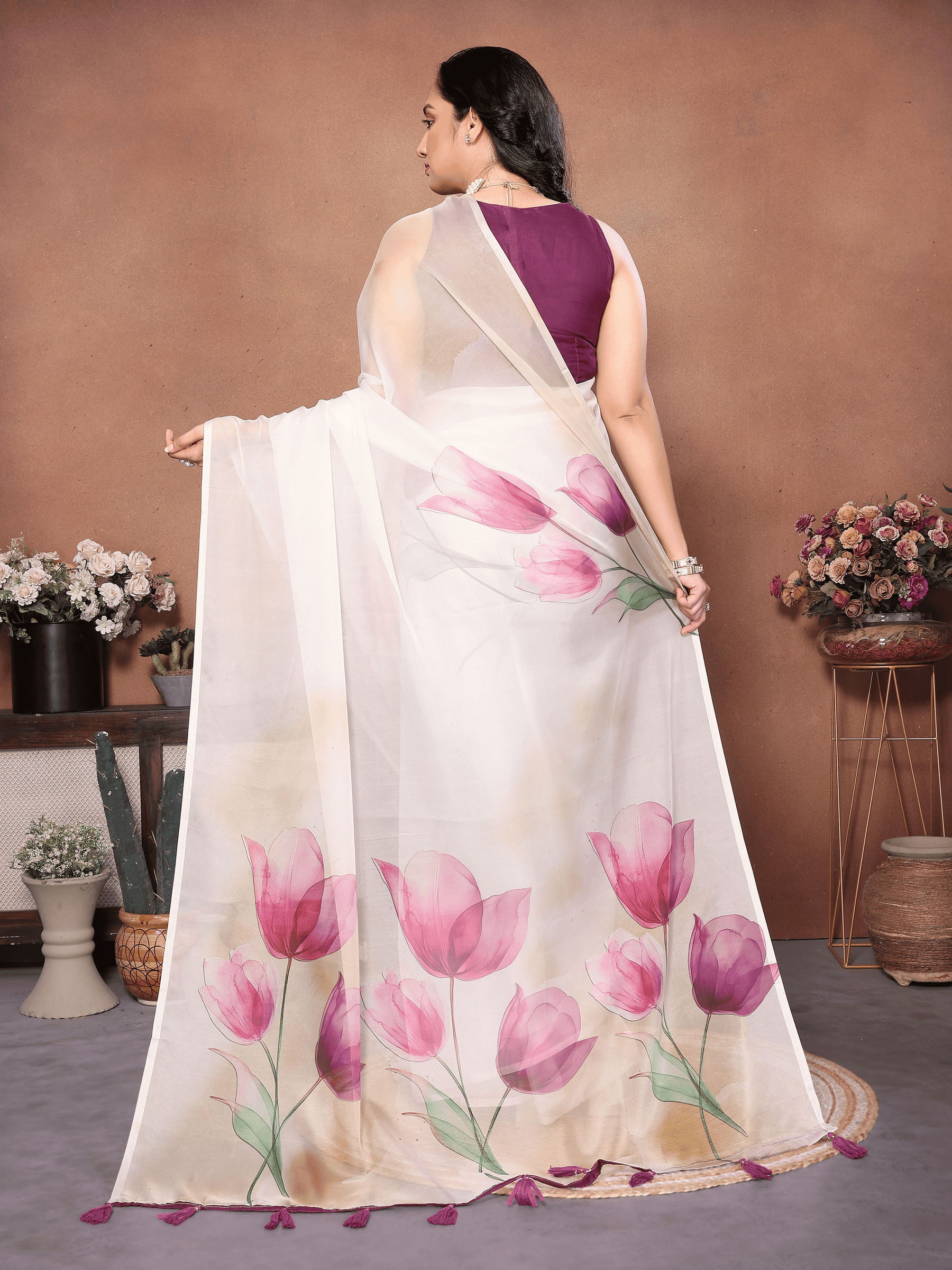 Off-White Tulip Floral Print Saree with Plum Border and Ruched Sleeveless Blouse