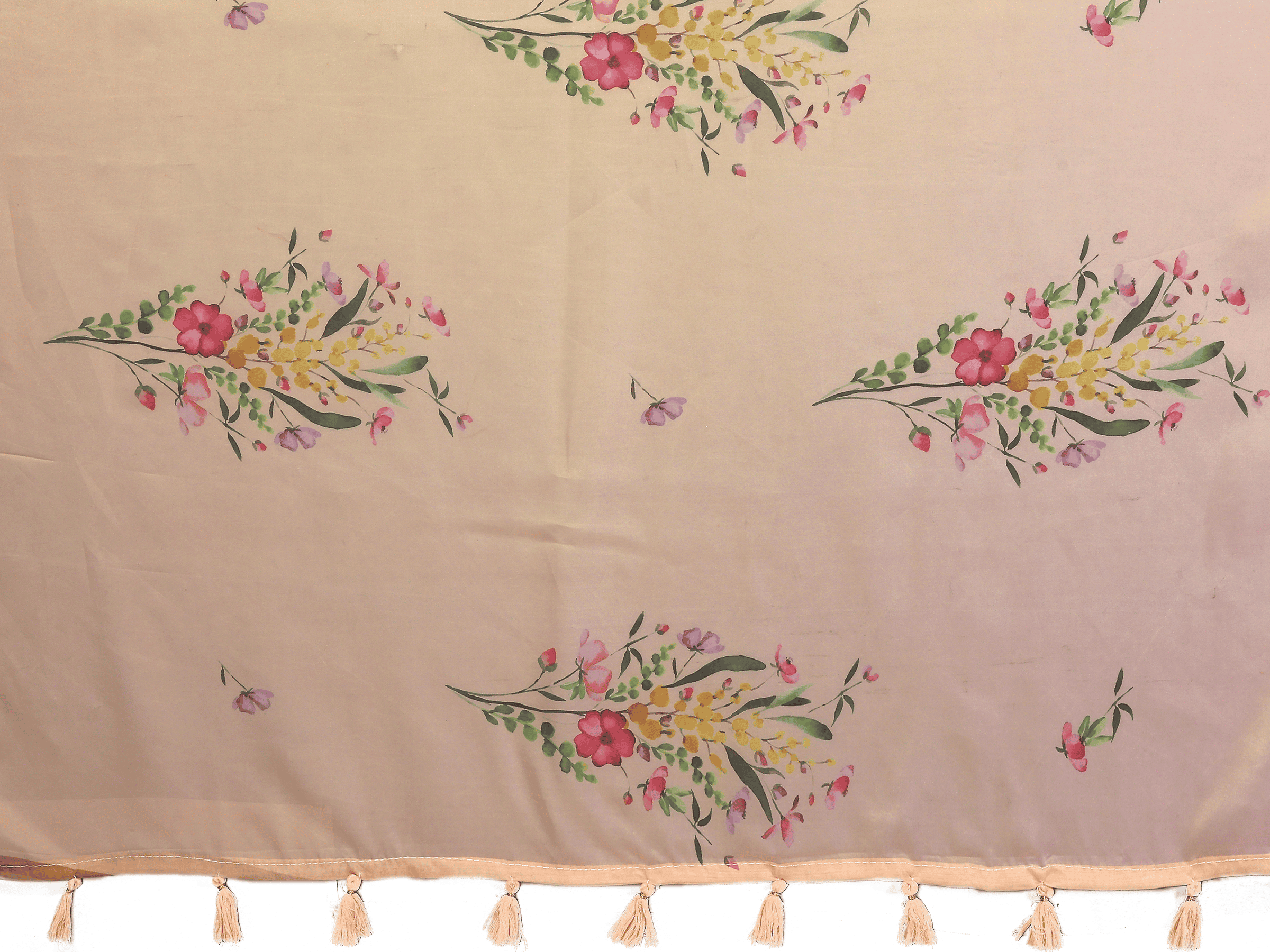 Sandalwood Peach Floral Print Saree with Metallic Border and Ruched Bronze Blouse