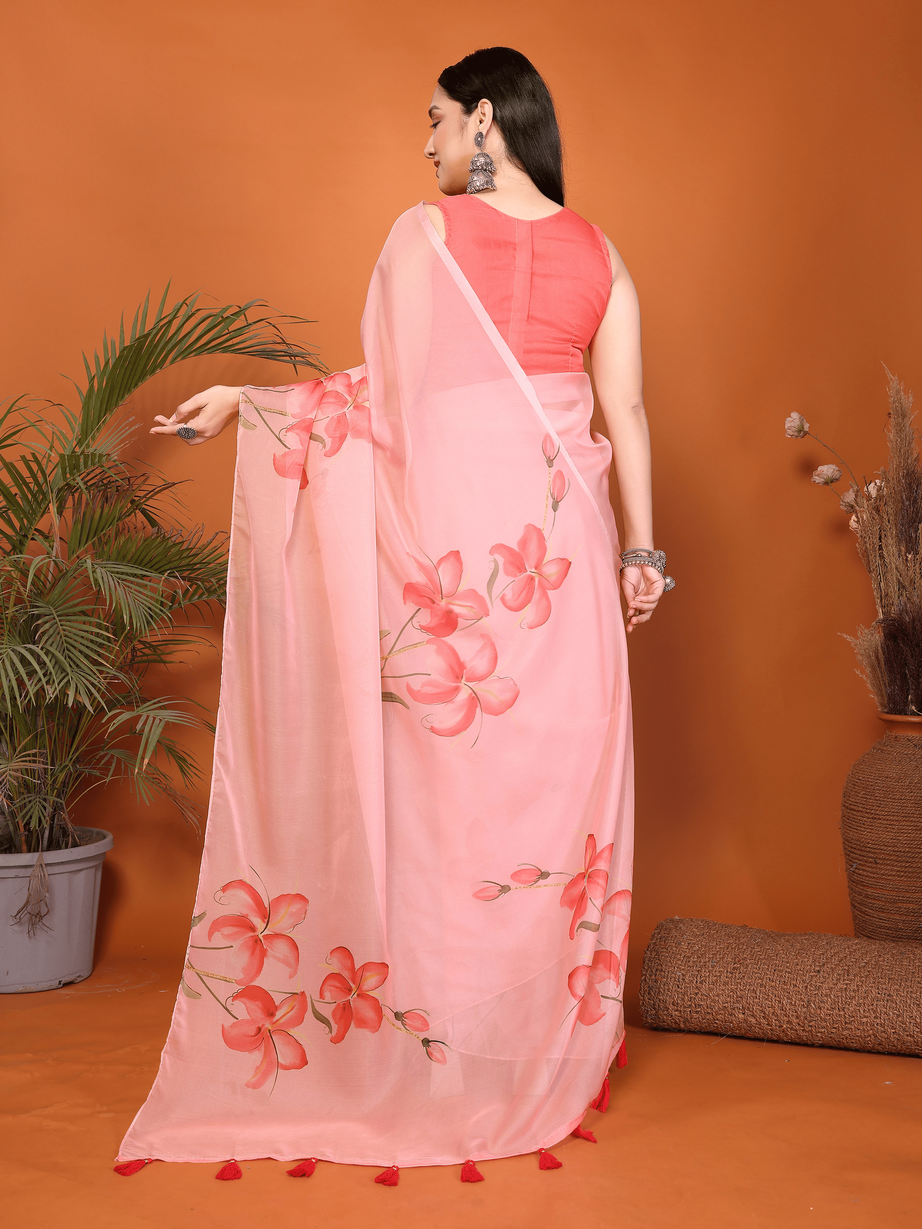 Peach Floral Ready-to-Wear Saree with Pocket and Tassel Pallu