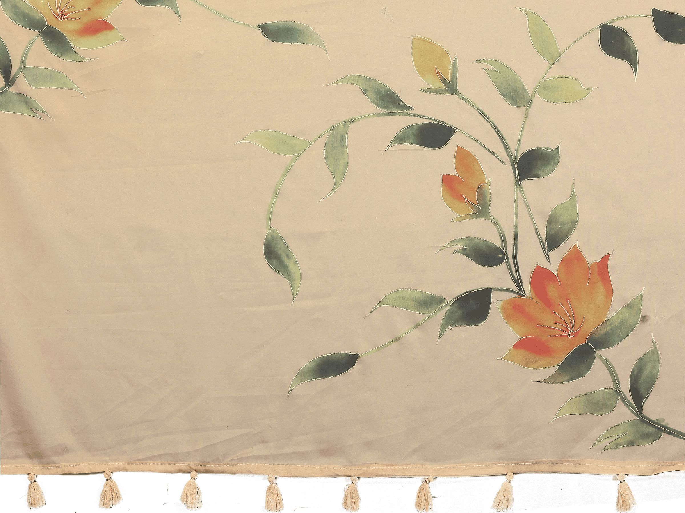 Cream Floral Print Saree with Orange Lily Motifs and Ruched Bronze Blouse