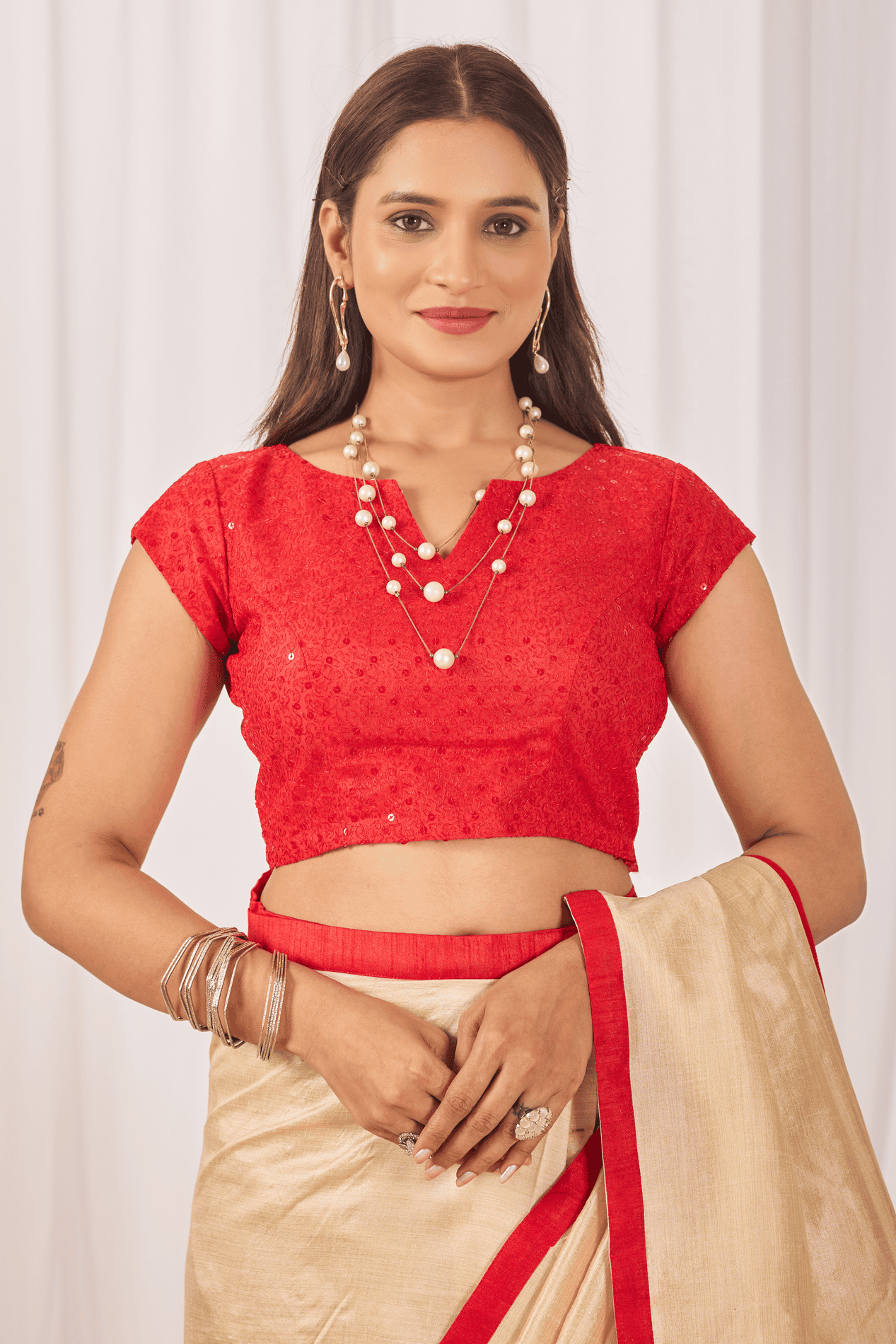 Champagne Gold Ready-to-Wear Shimmer Saree with Sequin Border and Red Strappy Blouse