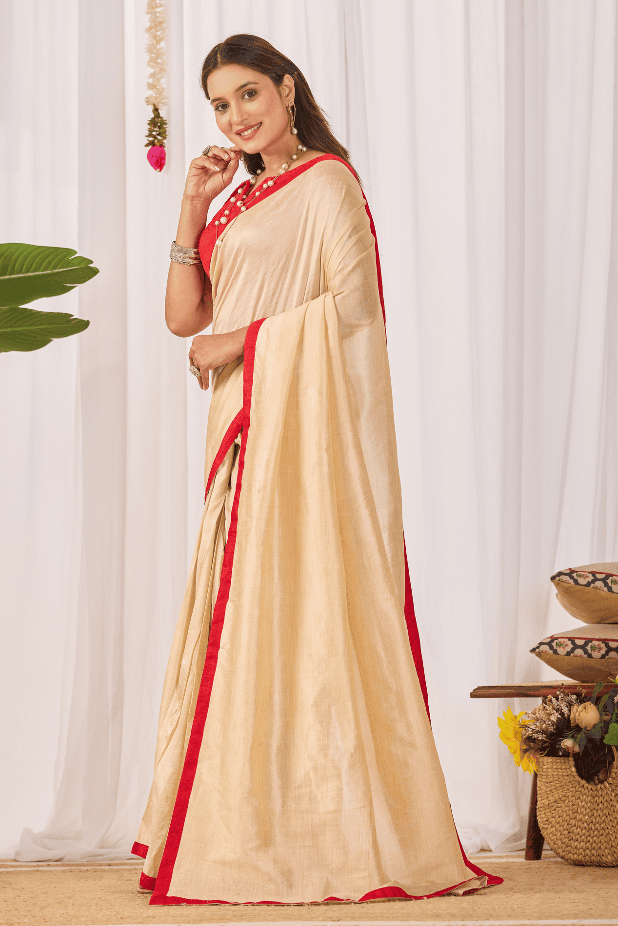Champagne Gold Ready-to-Wear Shimmer Saree with Sequin Border and Red Strappy Blouse