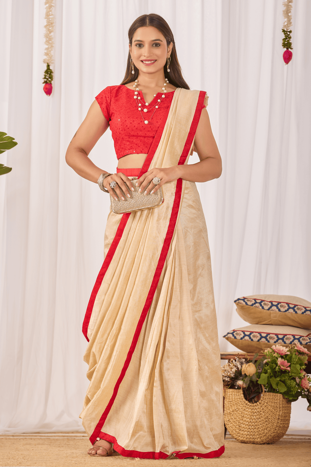 Champagne Gold Ready-to-Wear Shimmer Saree with Sequin Border and Red Strappy Blouse