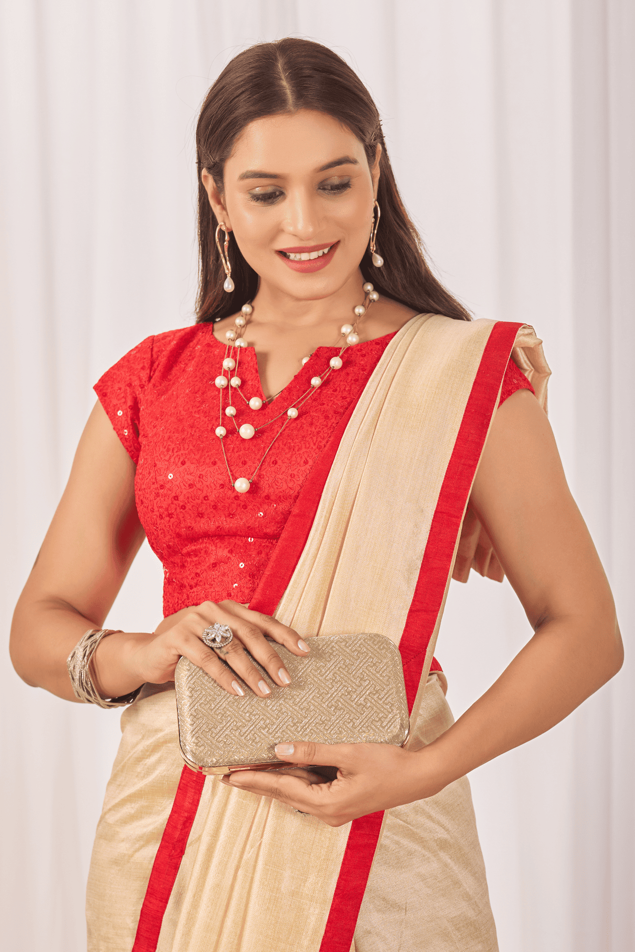 Champagne Gold Ready-to-Wear Shimmer Saree with Sequin Border and Red Strappy Blouse