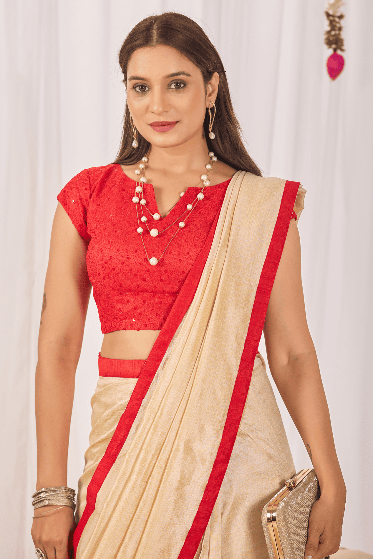Champagne Gold Ready-to-Wear Shimmer Saree with Sequin Border and Red Strappy Blouse